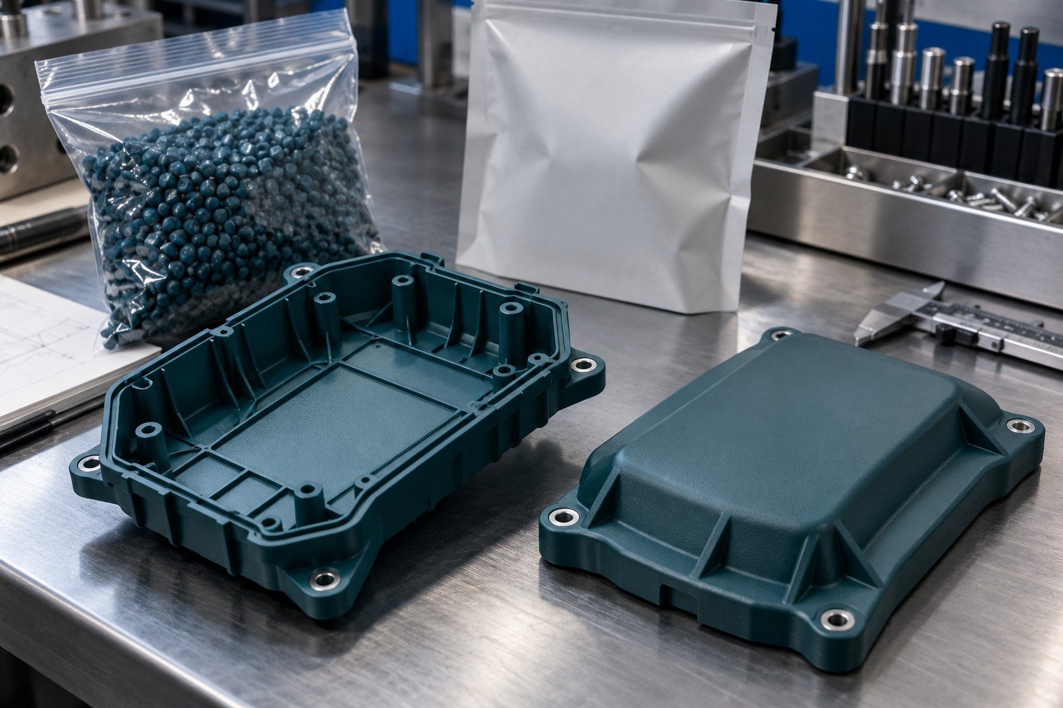 Dark teal injection-molded engineering polymer sensor cover with realistic ribs, screw bosses and matte texture beside sealed resin sample bag and blank material sleeve
