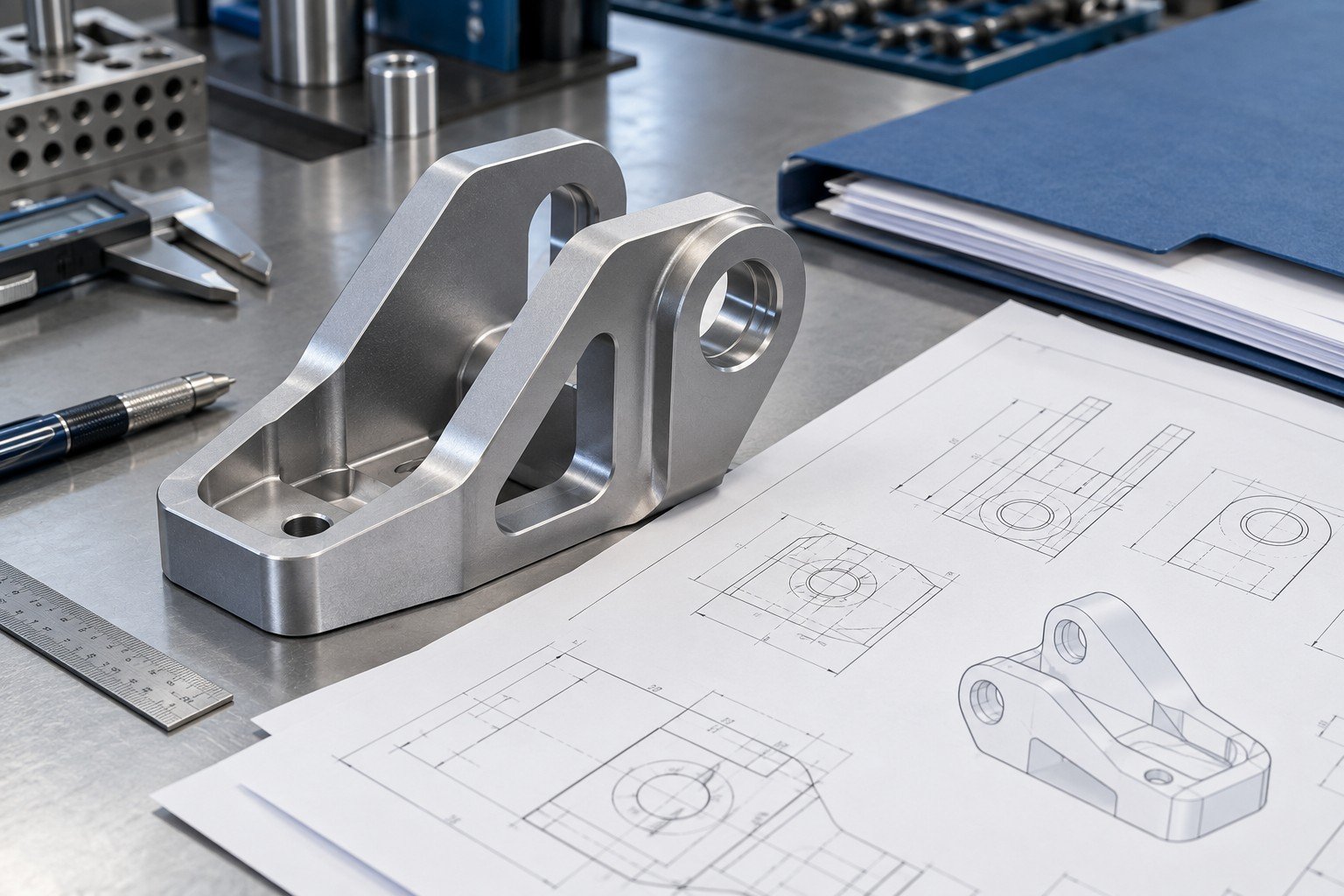 Engineering RFQ review still life: complex anodized aluminum clevis with two asymmetric mounting slots, a plain drawing folder and separate requirement sheets on clean desk