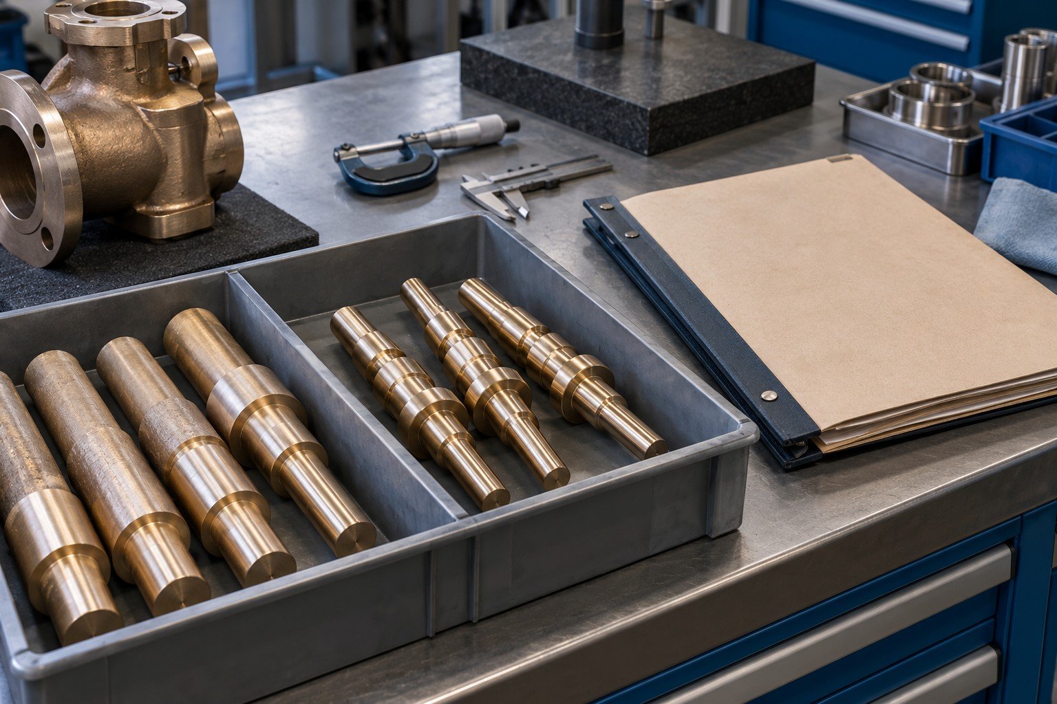 Partially machined bronze valve stem and completed stepped stem in separate compartments beside an unmarked manufacturing traveler folder on orderly workshop bench