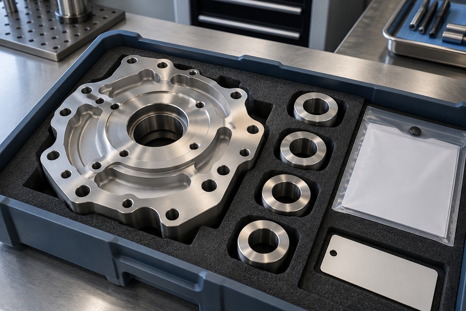 Distinct machined titanium-colored pump end plate and matched spacers in a fitted shipment tray, blank package tag holder and closed release record sleeve