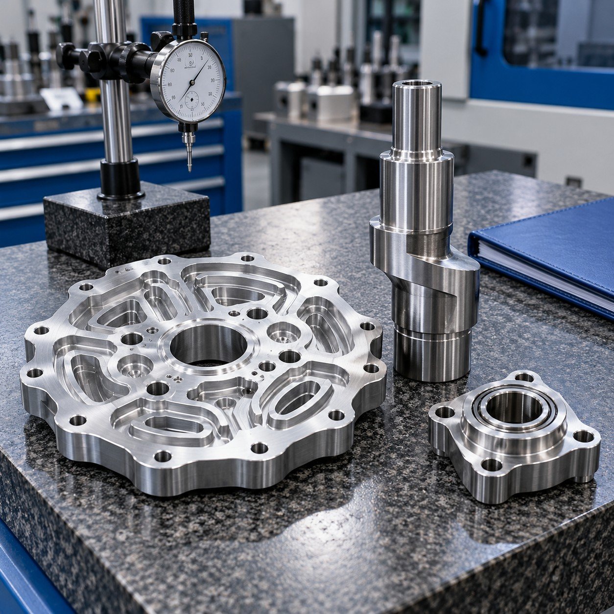 Illustrative quality inspection concept: valve plate, eccentric shaft and bearing carrier beside measurement equipment and a closed record sleeve