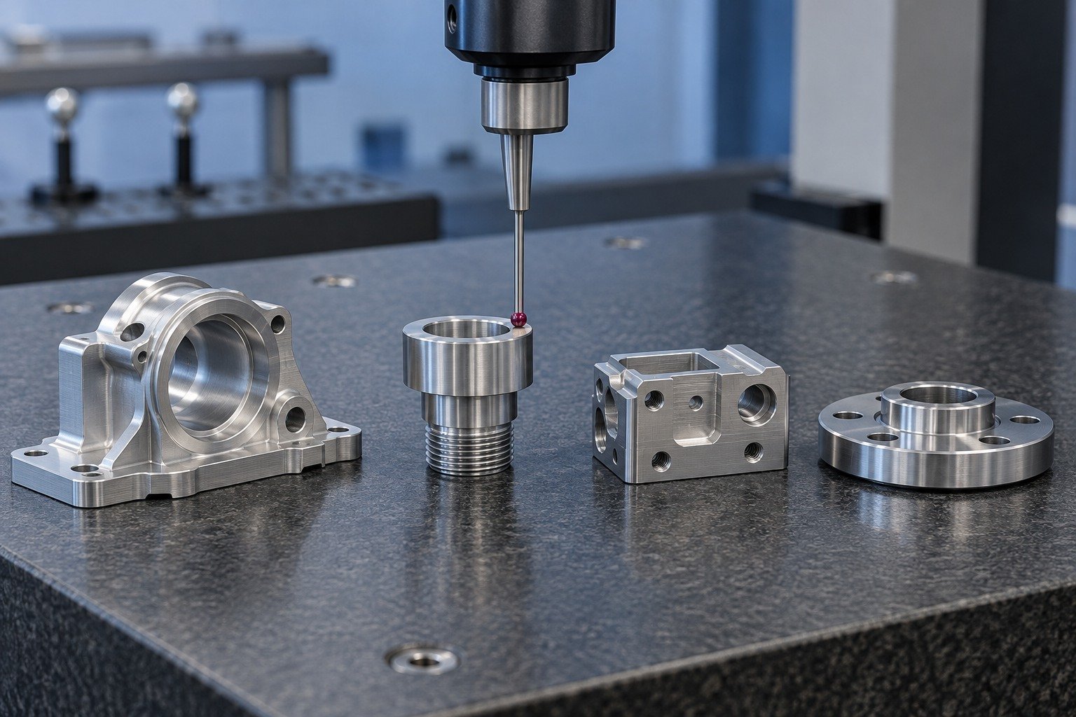 Illustrative CMM contact setup for dimensional inspection of varied machined adapters