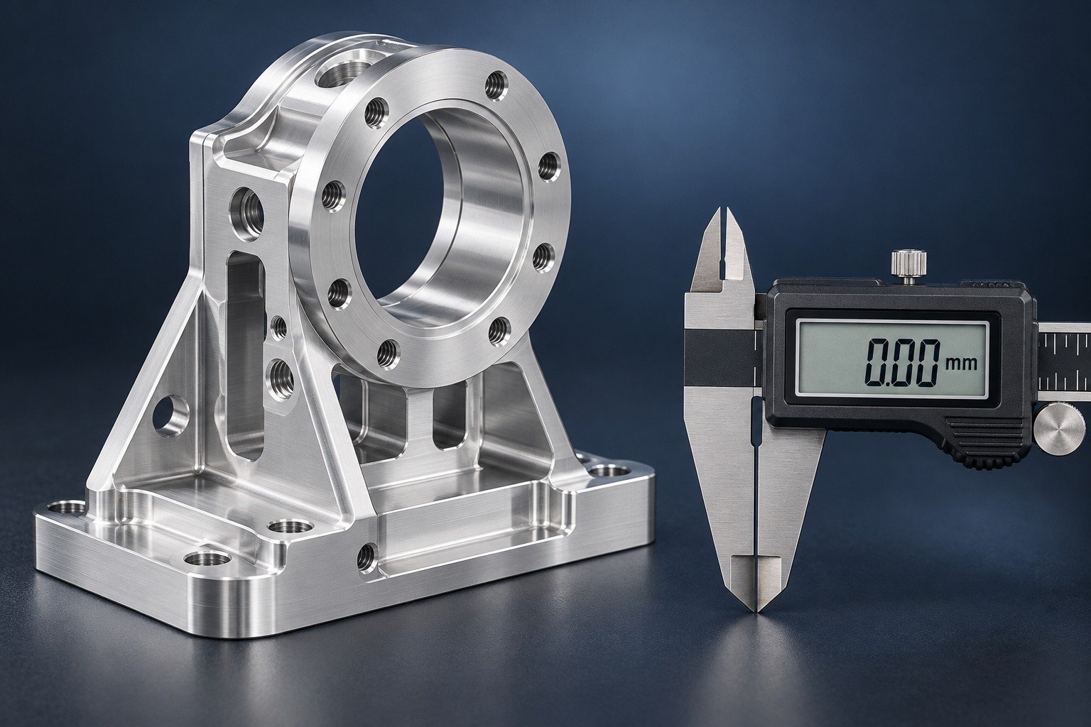 Illustrative quality-planning mounting frame and closed digital caliper showing0.00mm zero check;not actual inspection data