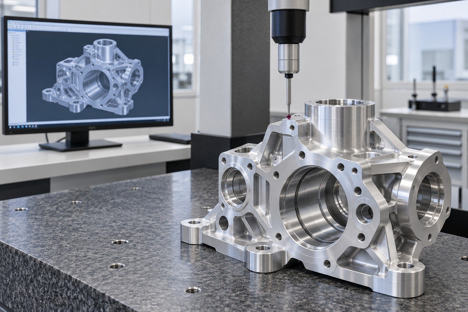 Illustrative CMM quality-review setup and matching CAD geometry; not documentary company inspection