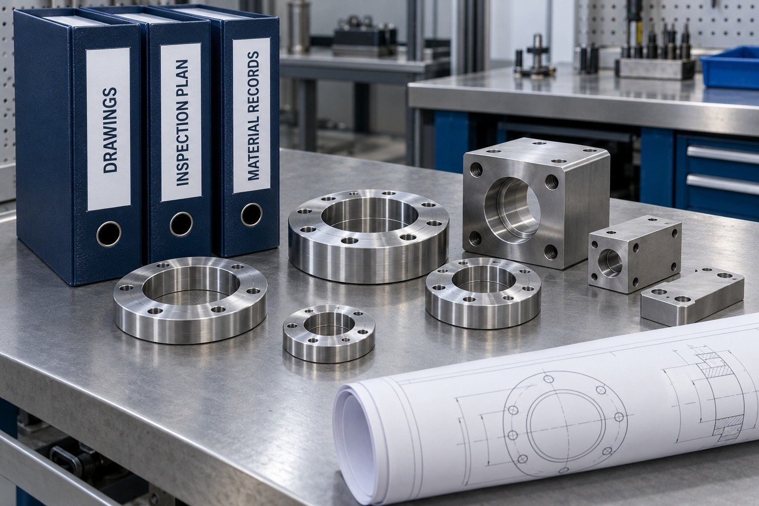 Illustrative supplier-review parts with drawing, inspection-plan and material-record binders