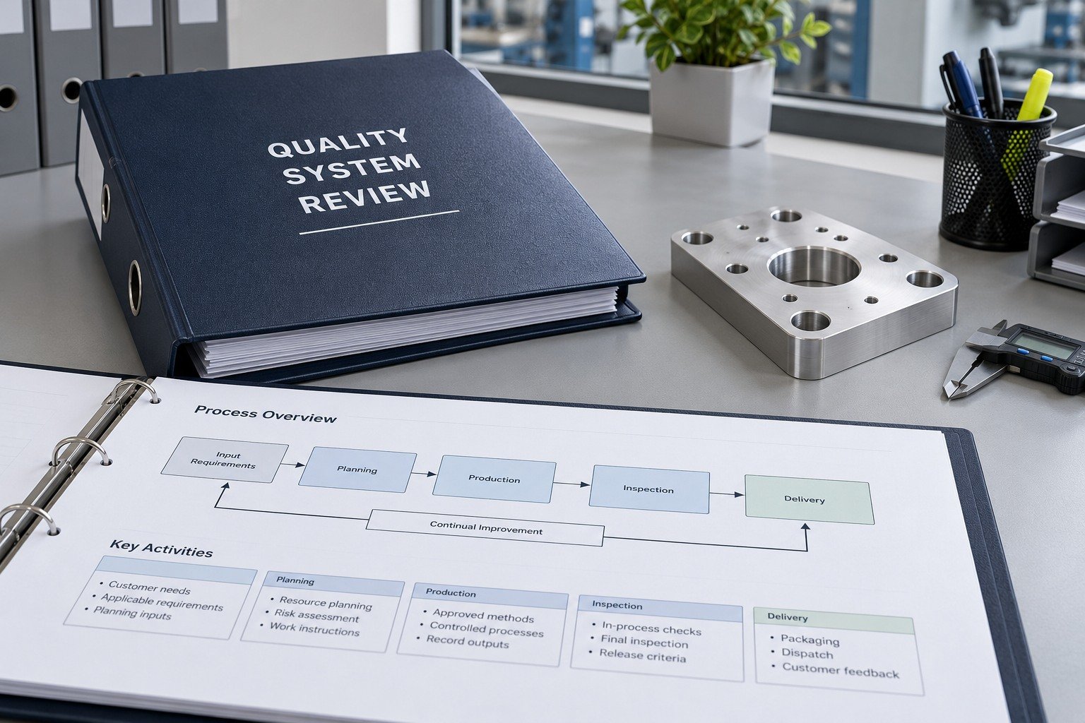 Illustrative iso 9001 quality system concept; not a certificate or actual inspection result