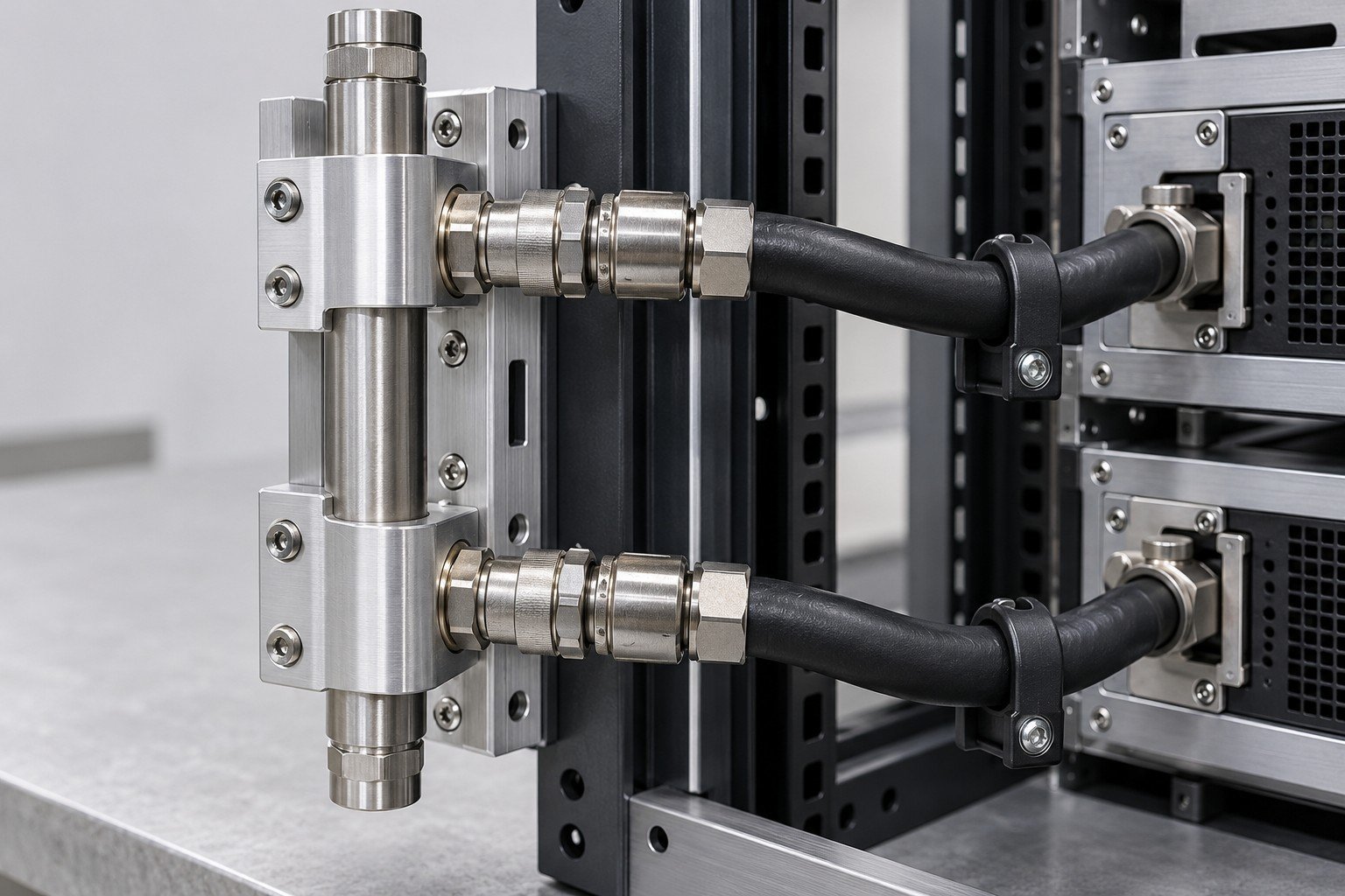Illustrative rack adapter and connector mounting integration fixture concept, not documentary company or customer photography