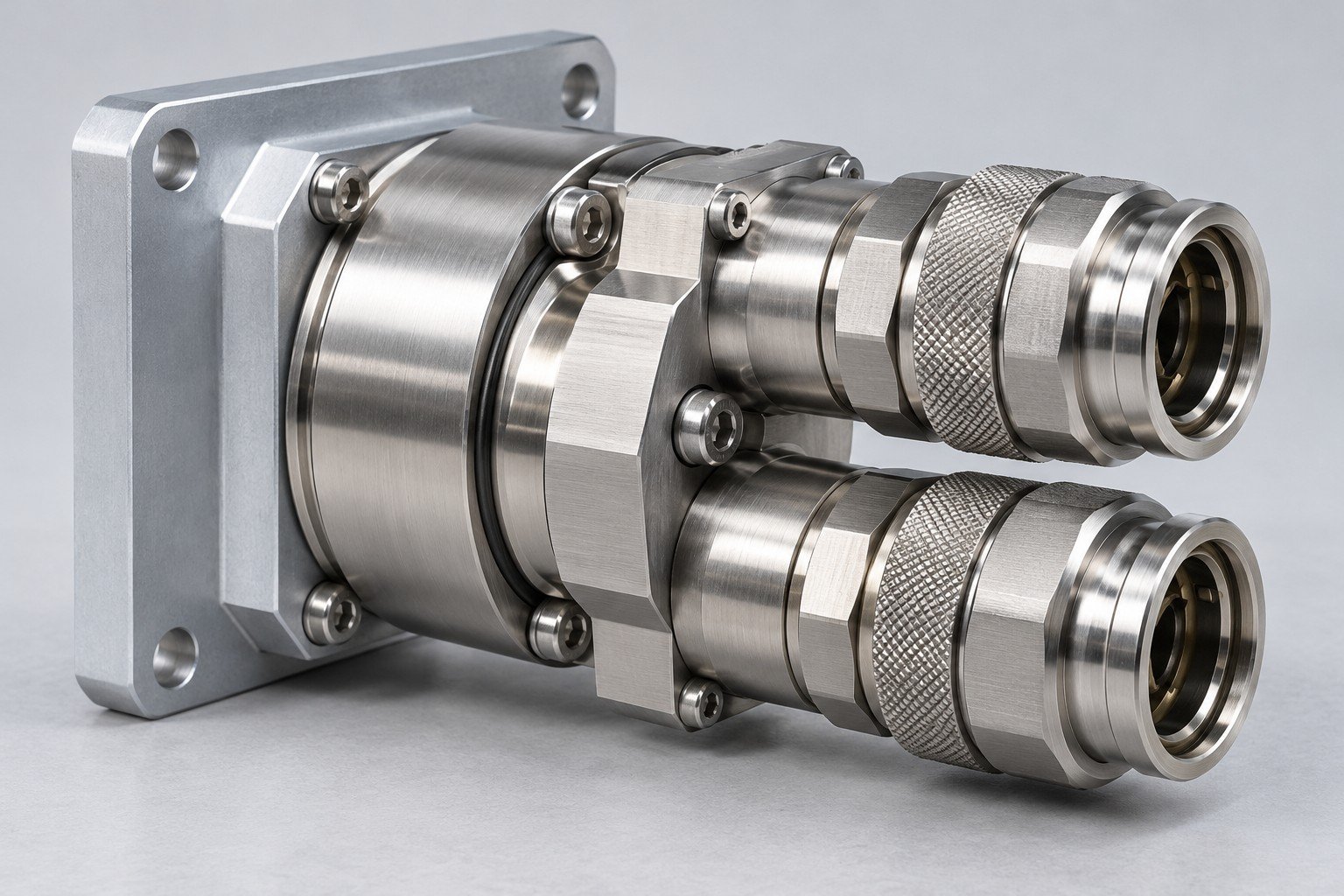 Illustrative page-specific rack interface adapter flange and generic mating housings concept; not a documentary customer part or qualified connector