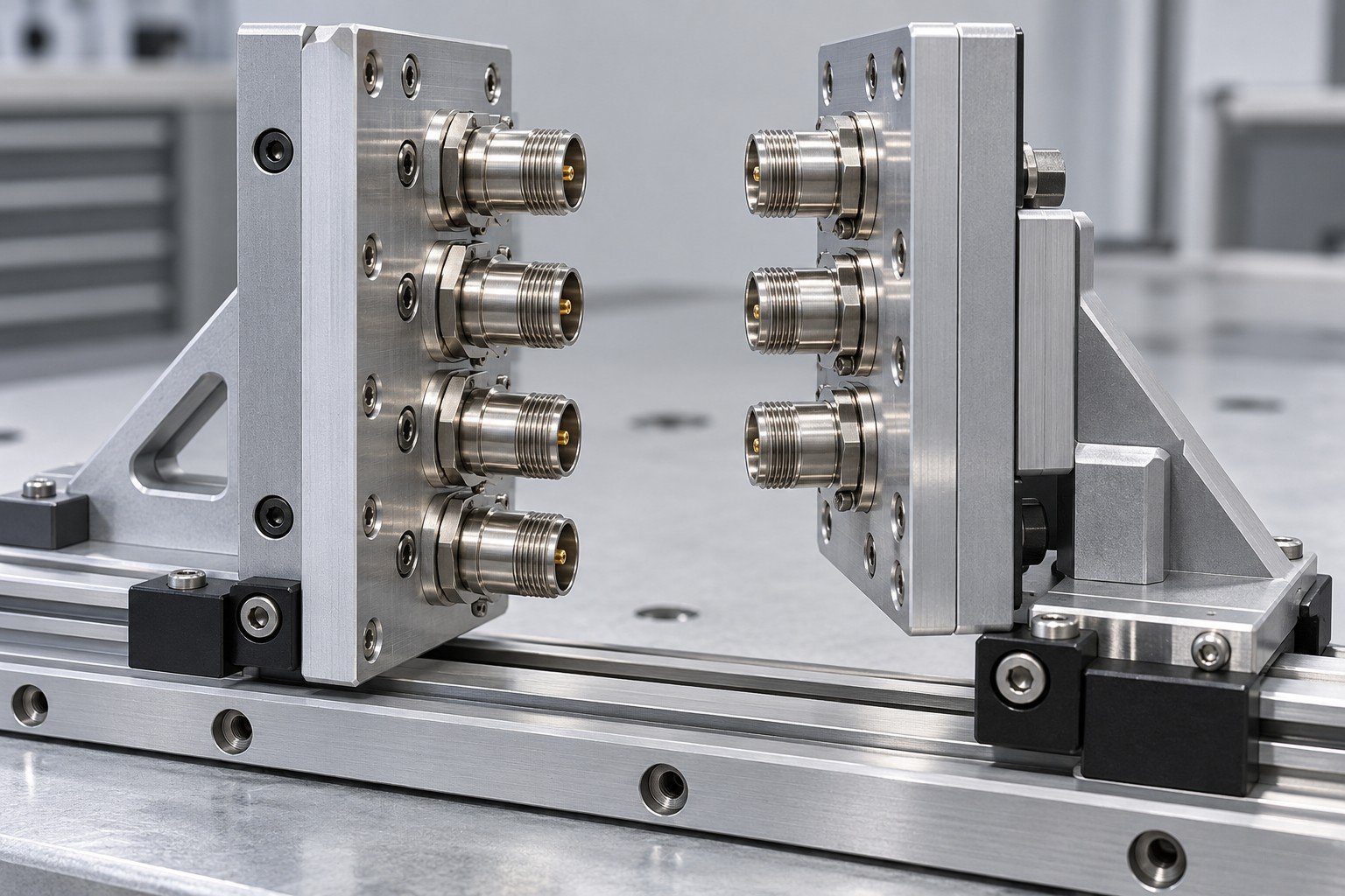 Illustrative alignment and tolerance review for rack cooling interface parts concept, not documentary company or customer photography