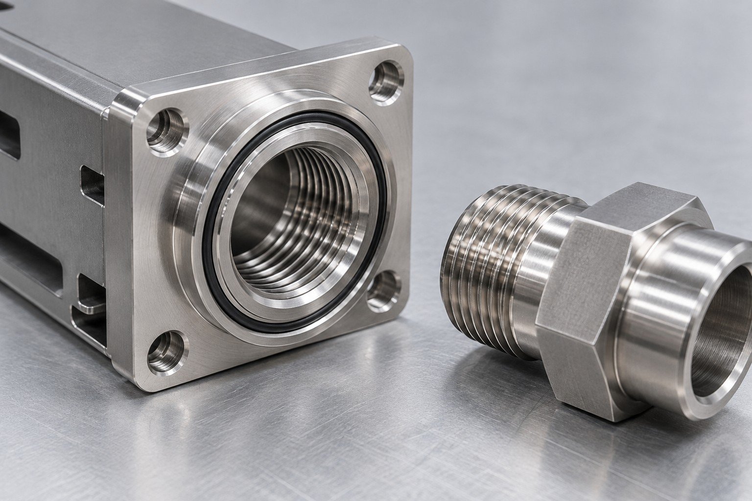 Illustrative threads and sealing lands review for rack cooling interface parts concept, not documentary company or customer photography