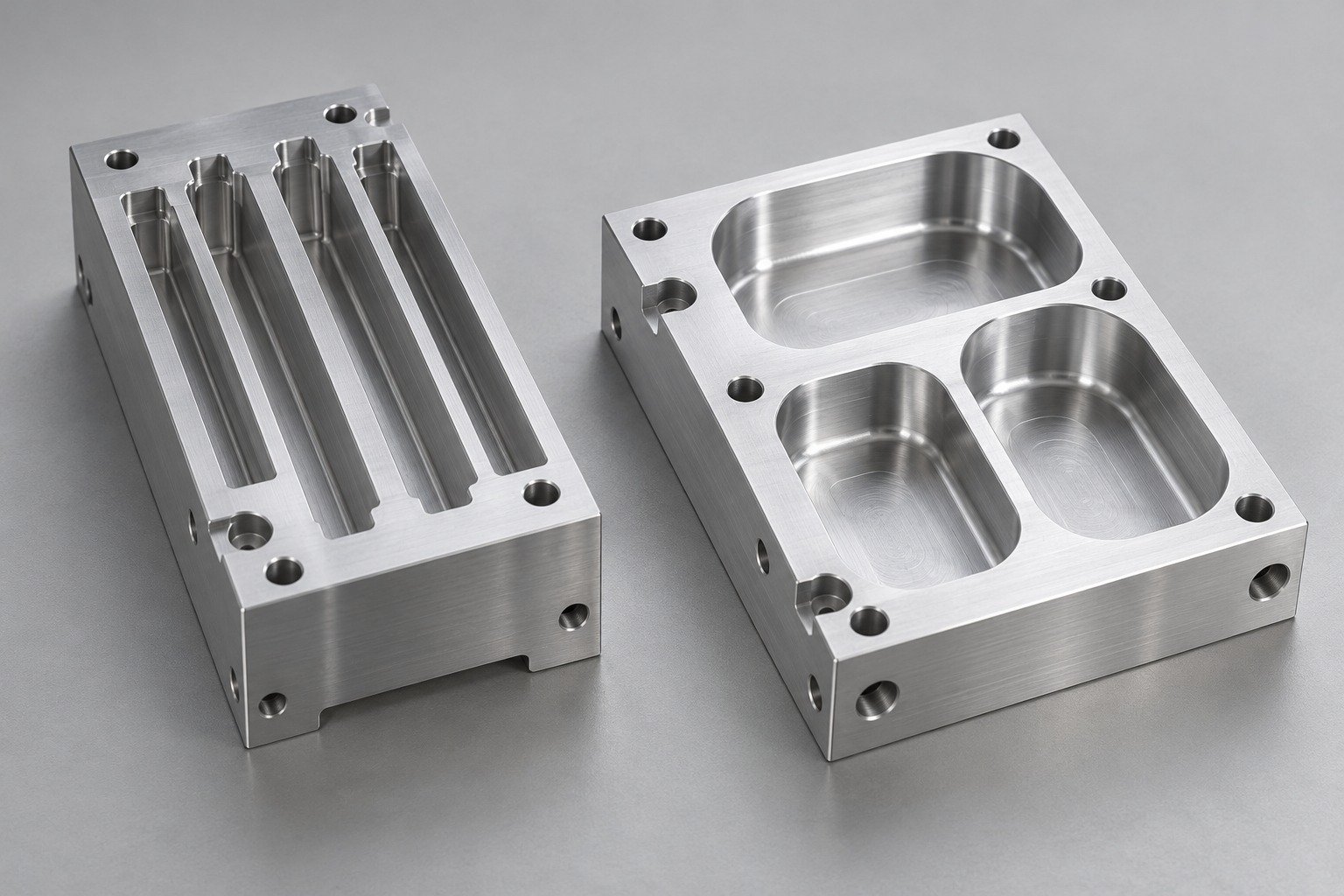 Two distinct pocketed machined block concepts with different tool access; illustrative component concept,not measured/company/customer part