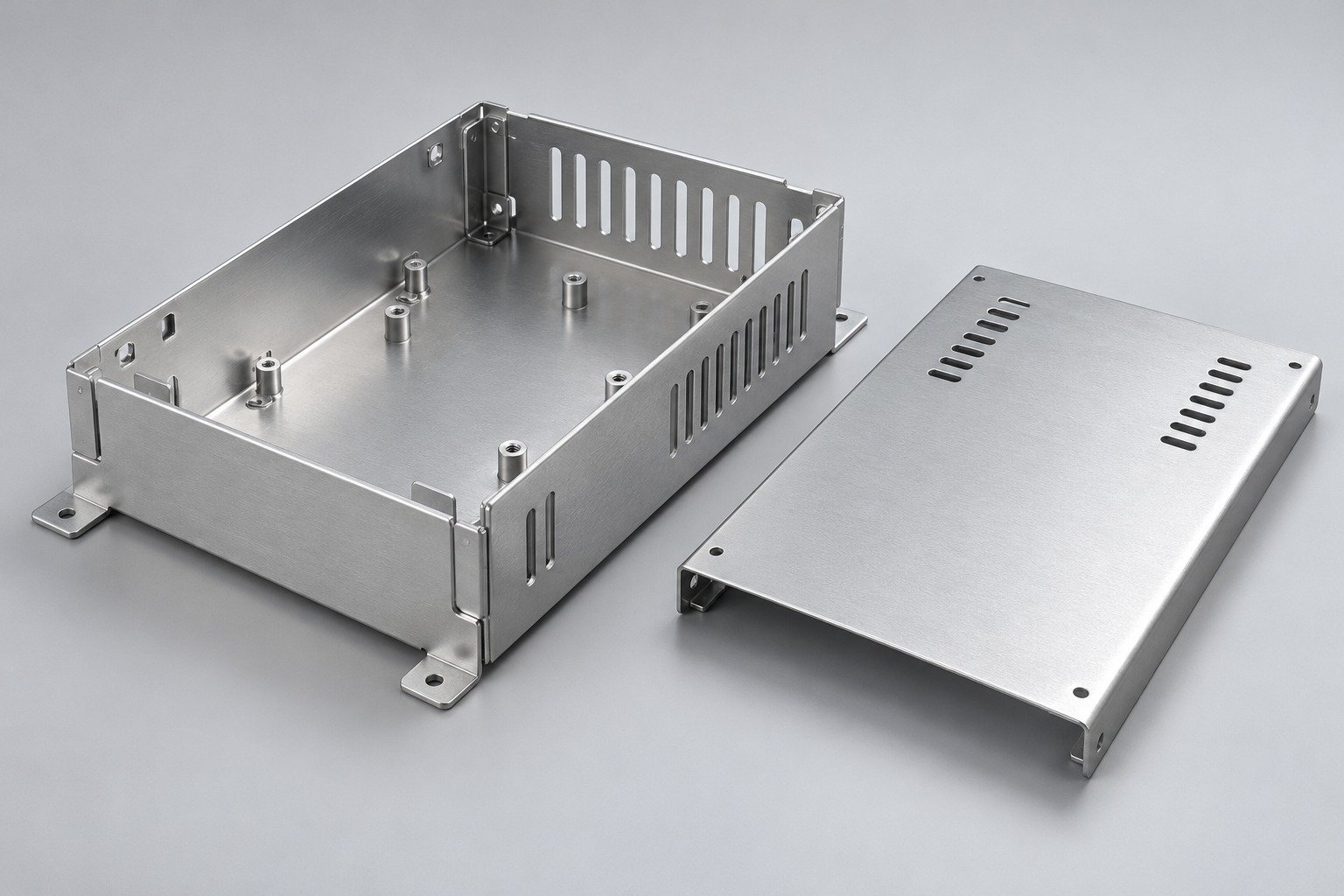 Formed metal electronics enclosure with ventilation and separate lid; illustrative component concept,not measured/company/customer part