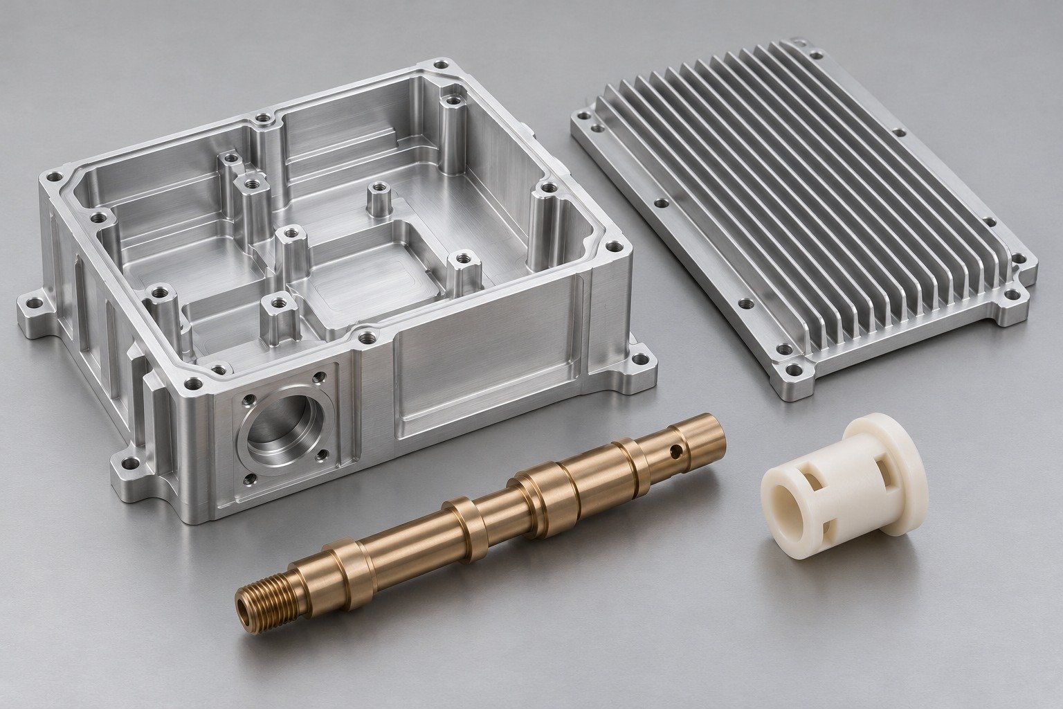 Complex machined enclosure and separate metal and polymer components; illustrative component concept,not measured/company/customer part