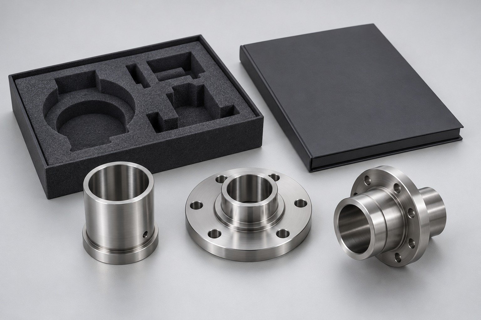 Separate sleeve and flange concepts beside protected tray and plain technical folder; illustrative component concept,not measured/company/customer part