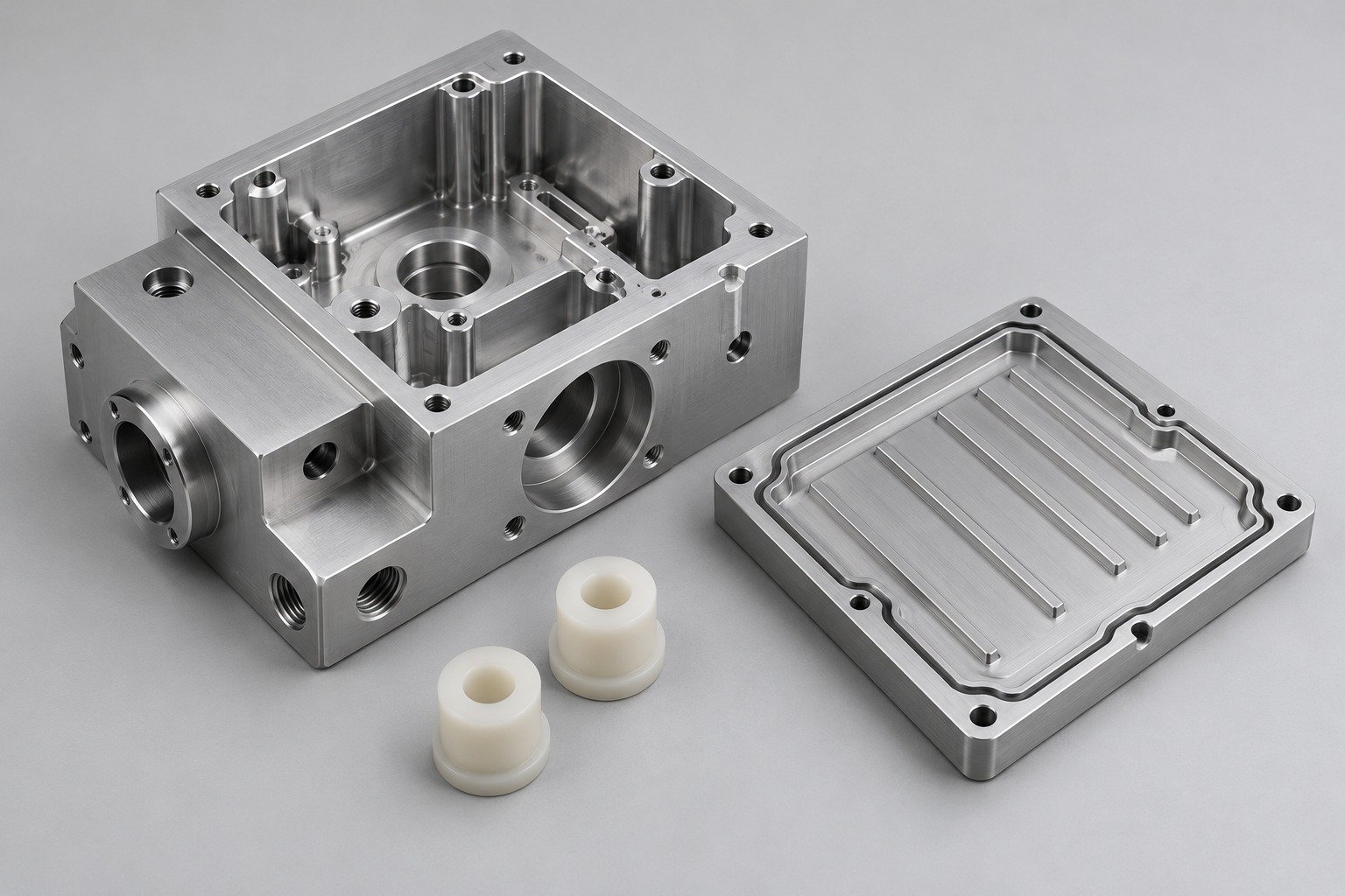 Instrument housing with separate cover and polymer spacers beside project folder; illustrative component concept,not measured/company/customer part