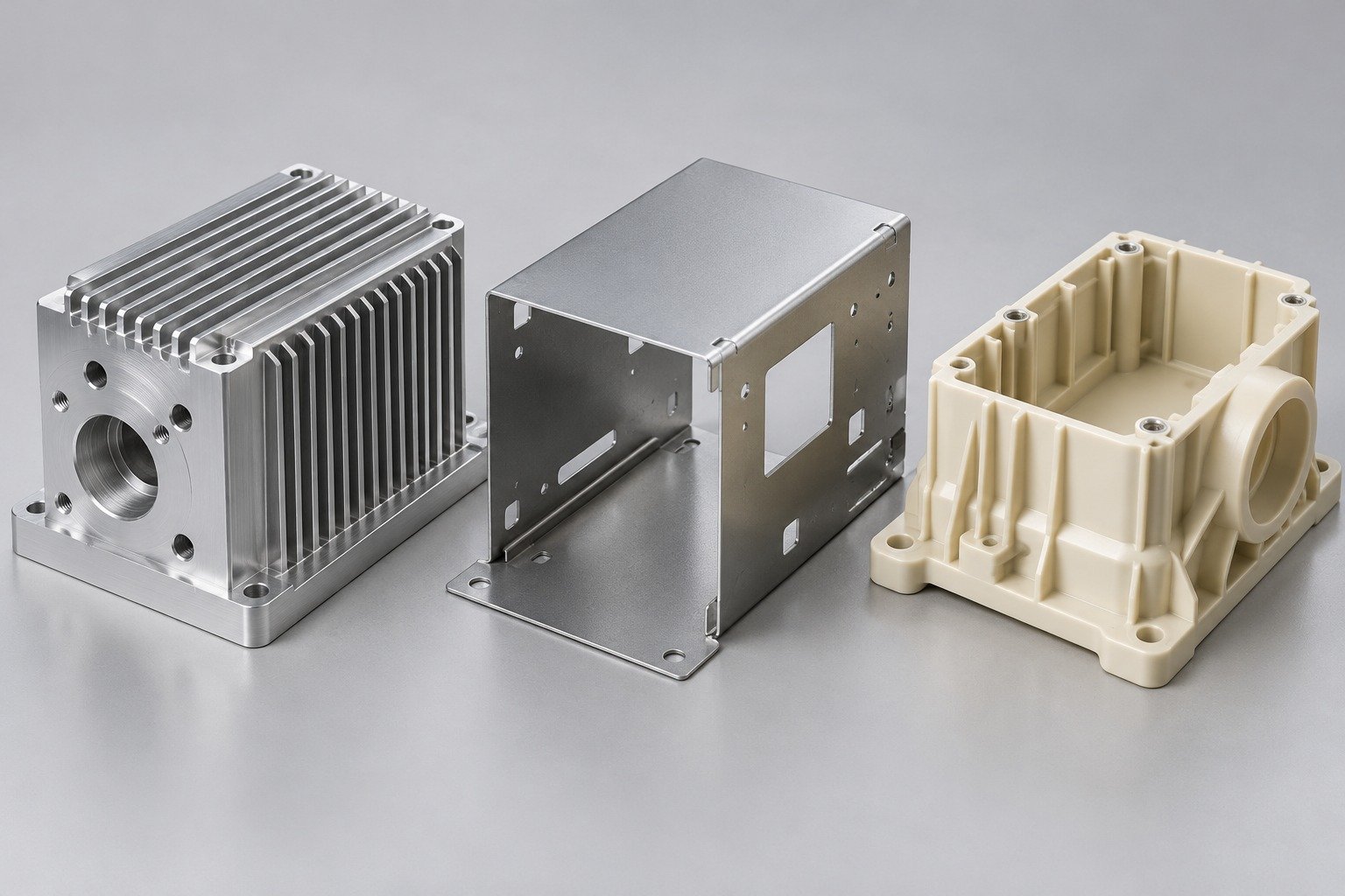 Distinct manufactured component concepts illustrating Process Comparison; illustrative component concept,not measured/company/customer part