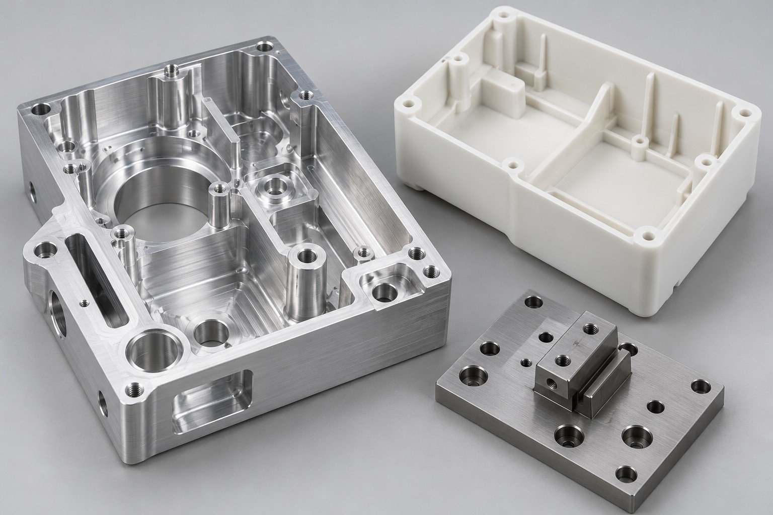Machined pocketed component, polymer enclosure and locating fixture plate; illustrative component concept,not measured/company/customer part