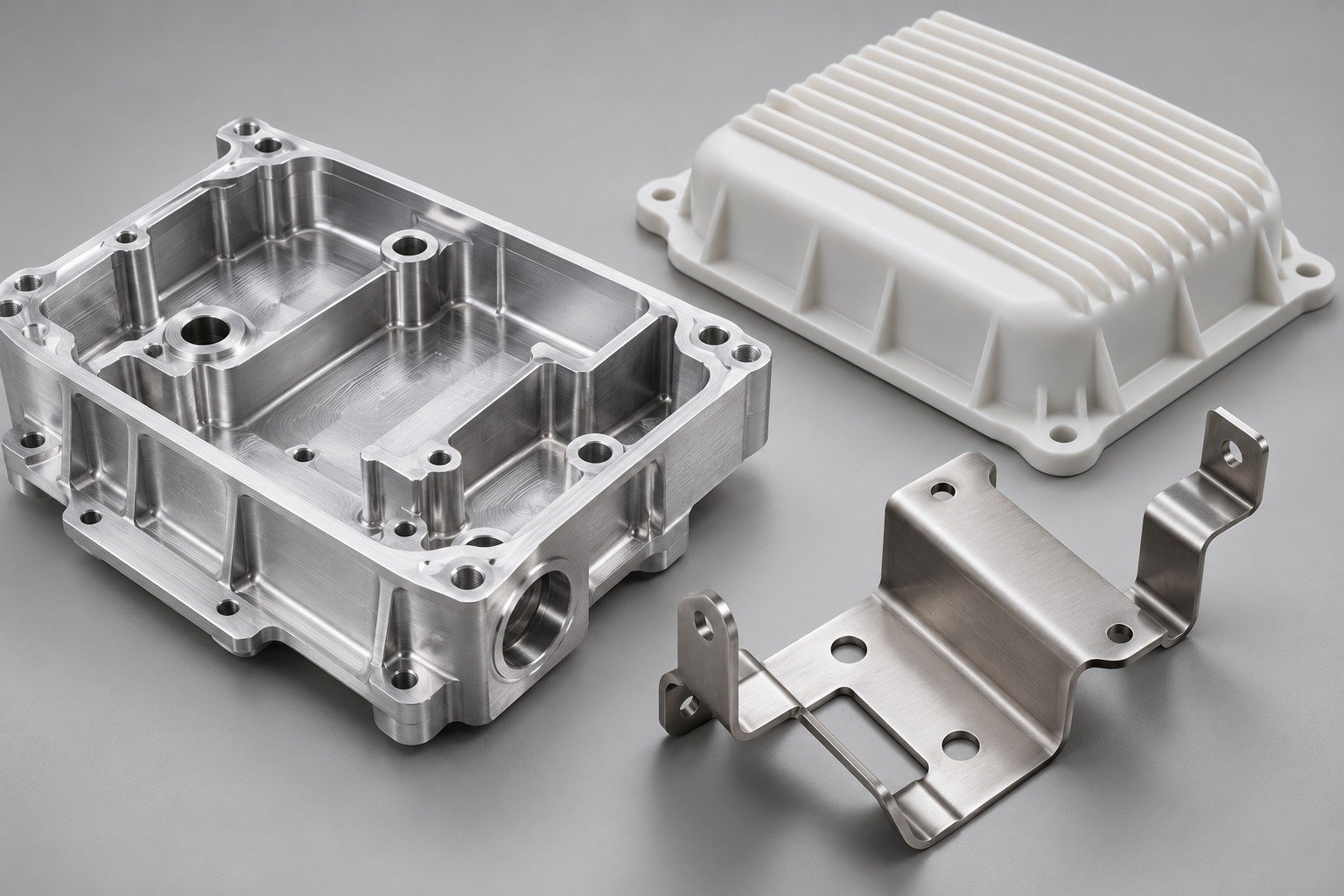 Separate machined carrier, polymer cover and formed sheet metal bracket; illustrative component concept,not measured/company/customer part