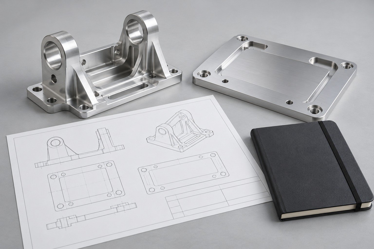 Locating bracket and separate plate beside illustrative blank drawing sheet; illustrative component concept,not measured/company/customer part