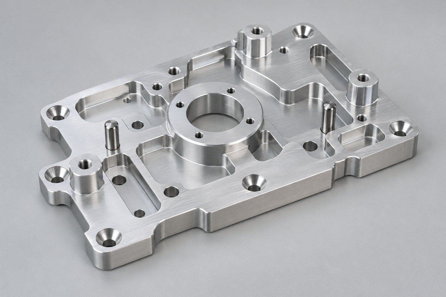 Pocketed mounting plate with radiused pockets and separate dowel pins; illustrative component concept,not measured/company/customer part