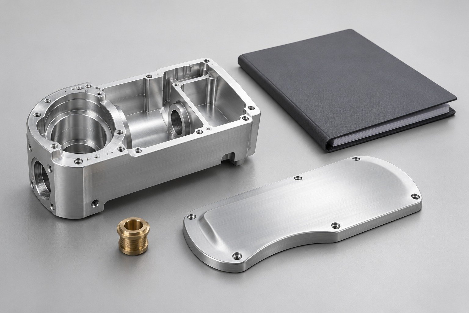 Machined instrument body with separate cover and threaded bushing; illustrative component concept,not measured/company/customer part