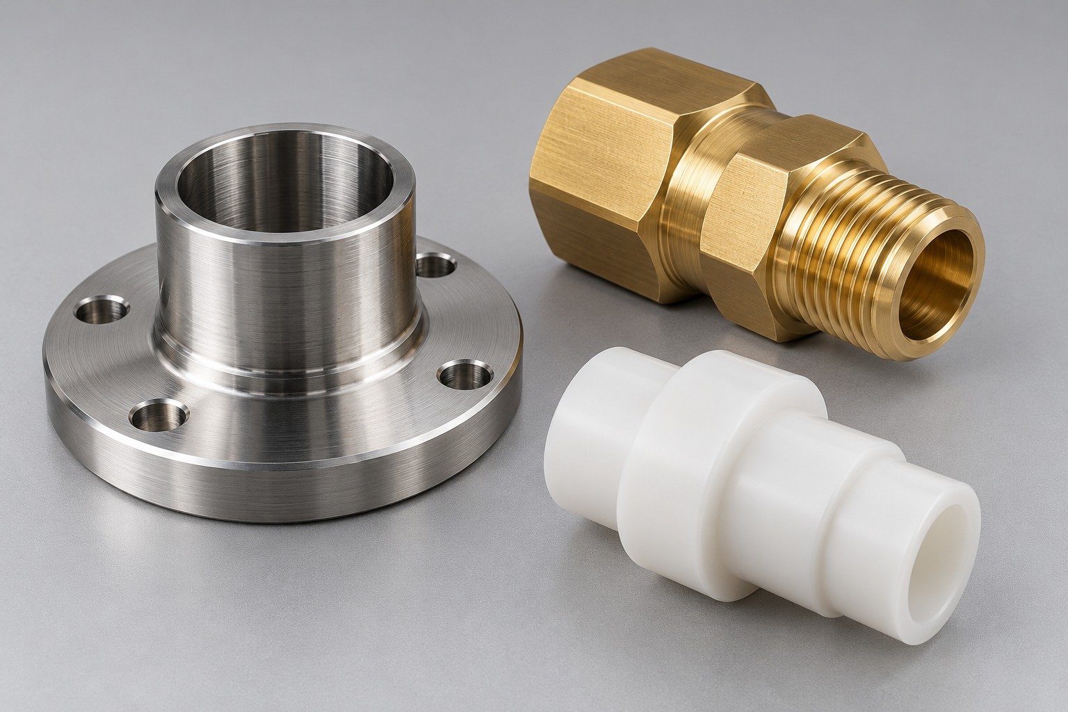 Distinct stainless flange, brass connector and engineering polymer sleeve concepts; illustrative component concept,not measured/company/customer part