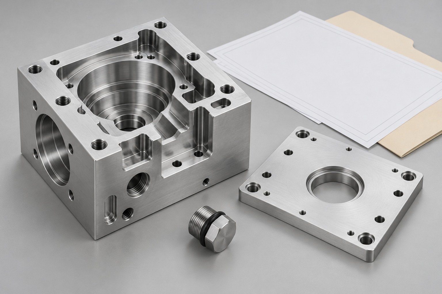 Machined block and separate mounting plate beside blank project sheets; illustrative component concept,not measured/company/customer part