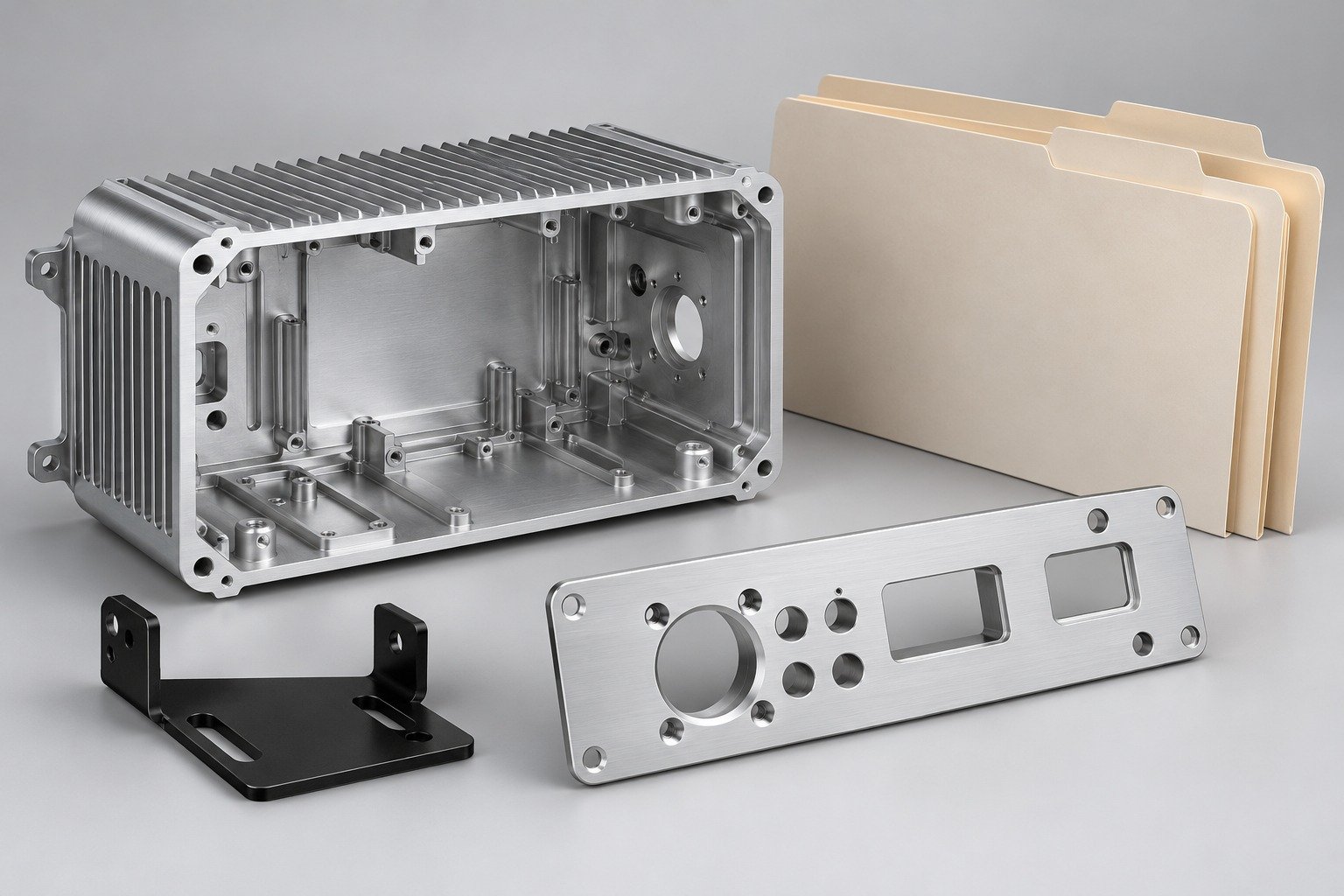 Enclosure body and separate panel beside plain controlled folders; illustrative component concept,not measured/company/customer part