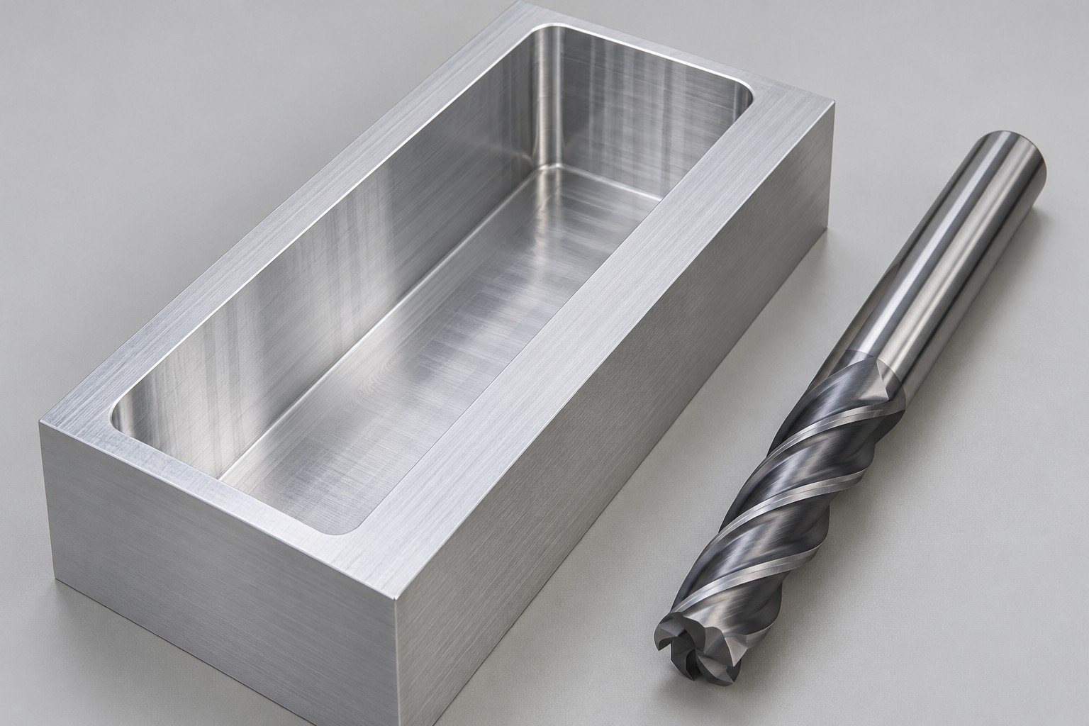 Deep open pocket beside a long unmarked end mill; illustrative component concept,not measured/company/customer part