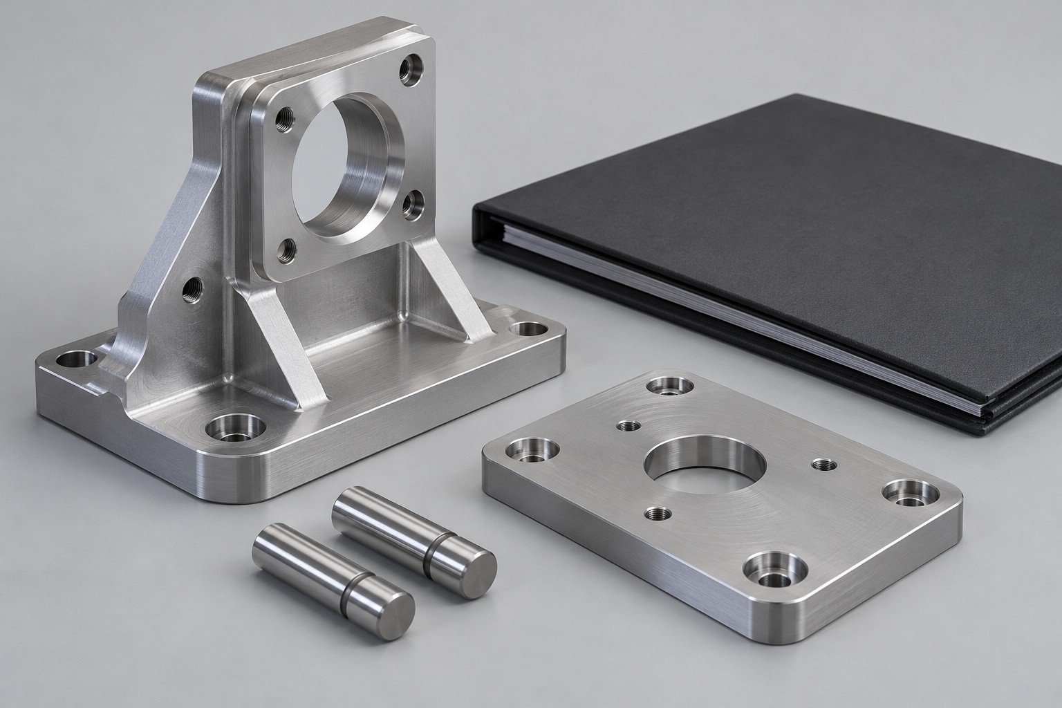 Locating bracket, mating plate and dowel pins beside a blank project folder; illustrative component concept,not measured/company/customer part
