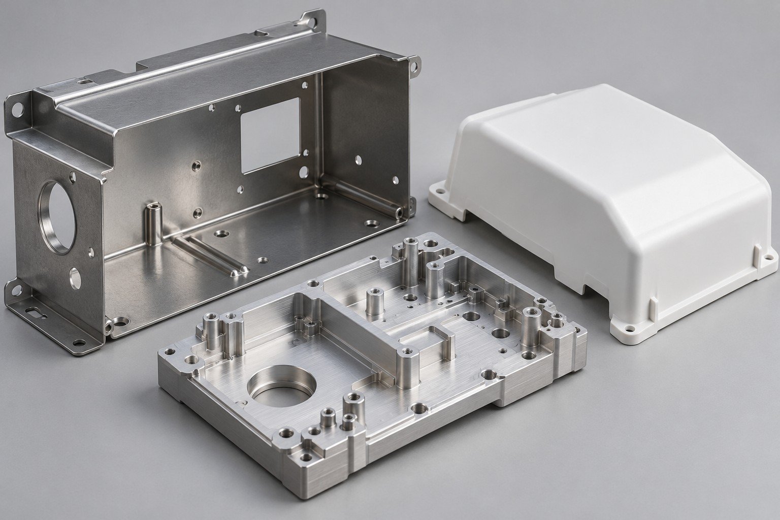 Formed enclosure, machined carrier and separate polymer cover; illustrative component concept,not measured/company/customer part