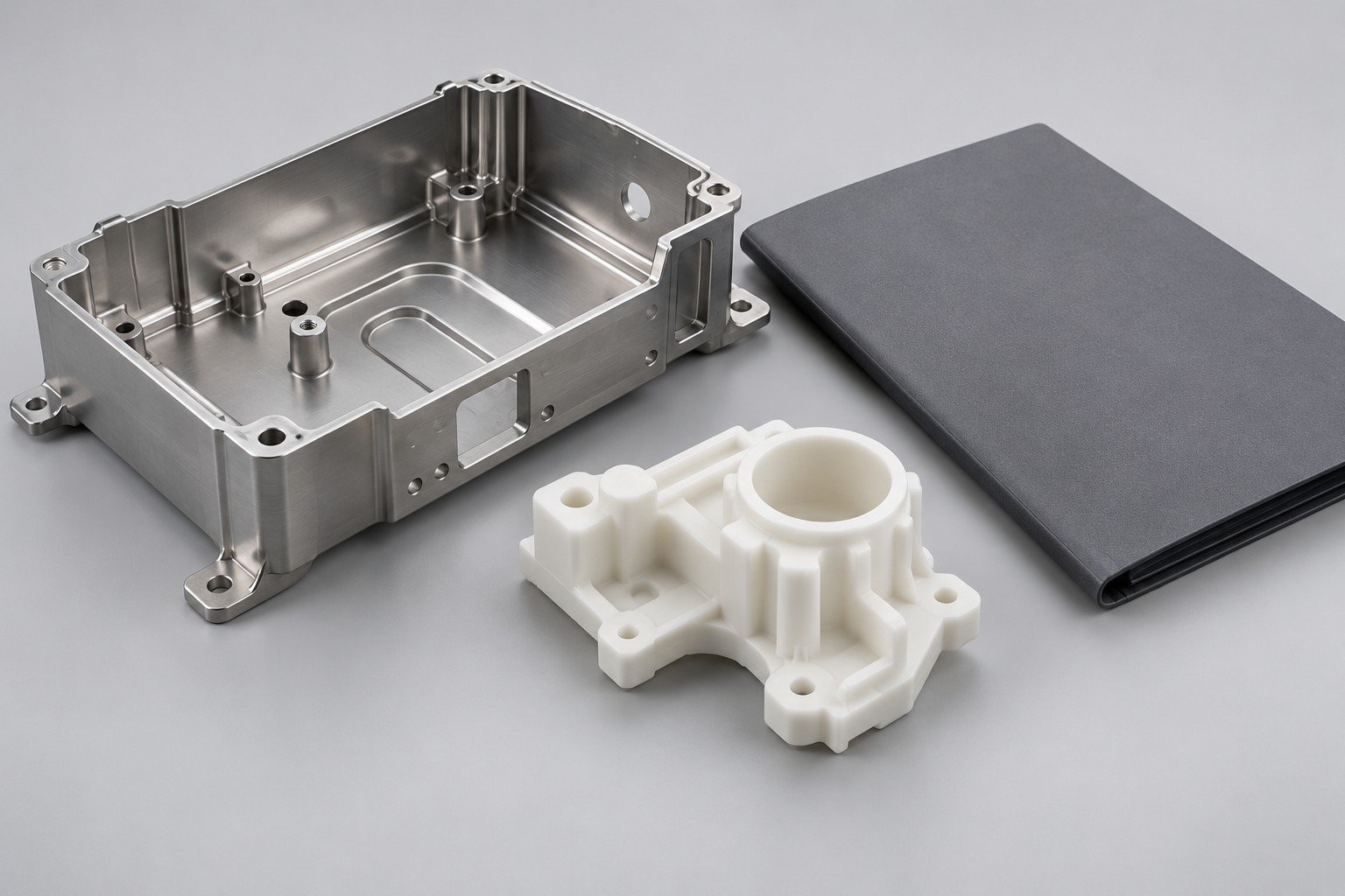 Open formed metal housing, polymer component and plain technical folder; illustrative component concept,not measured/company/customer part