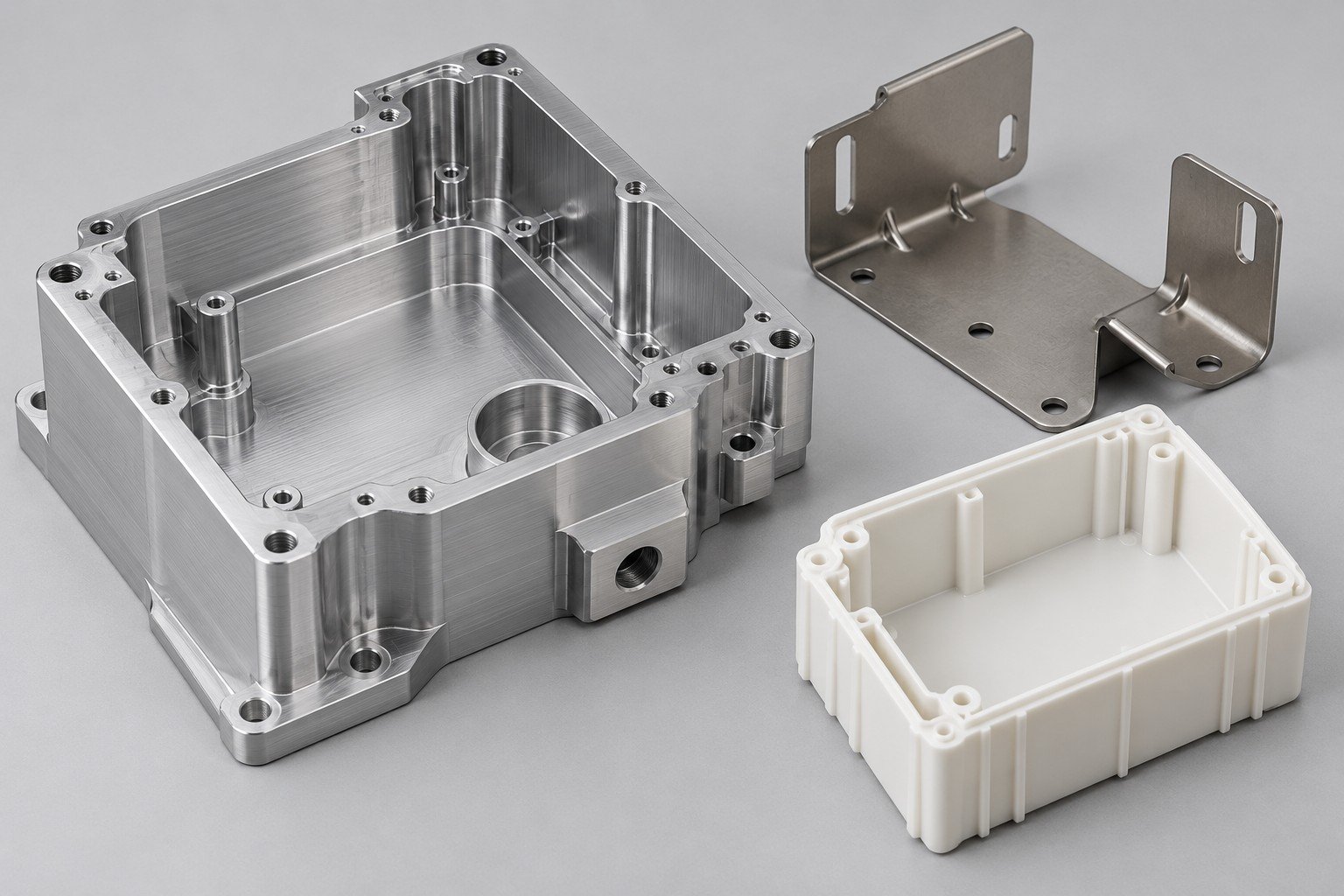 Open machined pocketed housing, formed bracket and molded enclosure; illustrative component concept,not measured/company/customer part