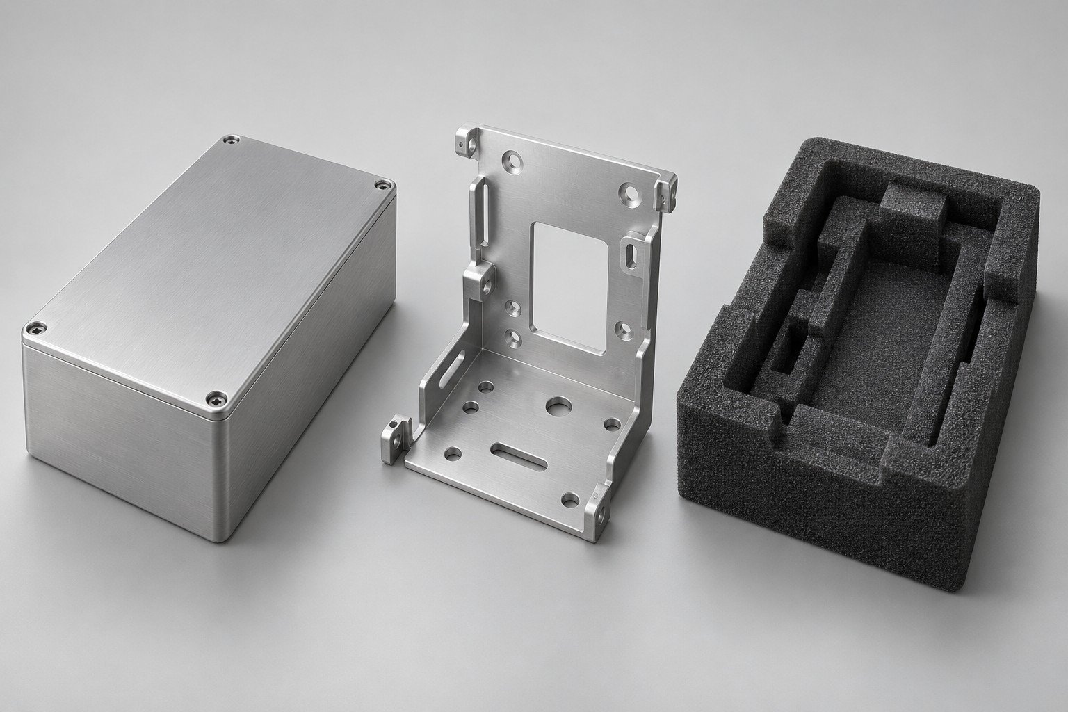 Closed manufactured enclosure and bracket beside protective packing insert; illustrative component concept,not measured/company/customer part