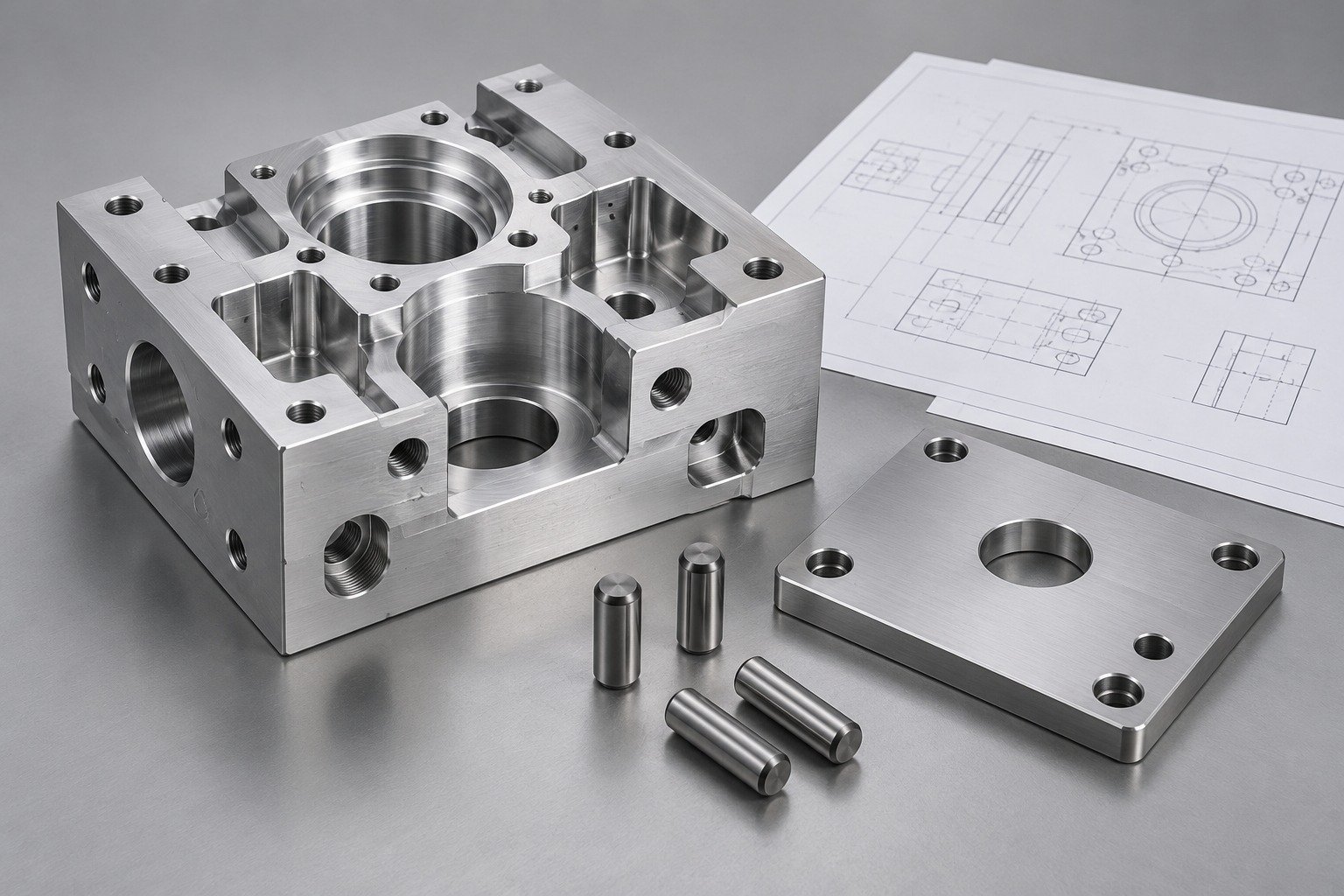 Distinct manufactured component concepts illustrating DFM FAQs; illustrative component concept,not measured/company/customer part