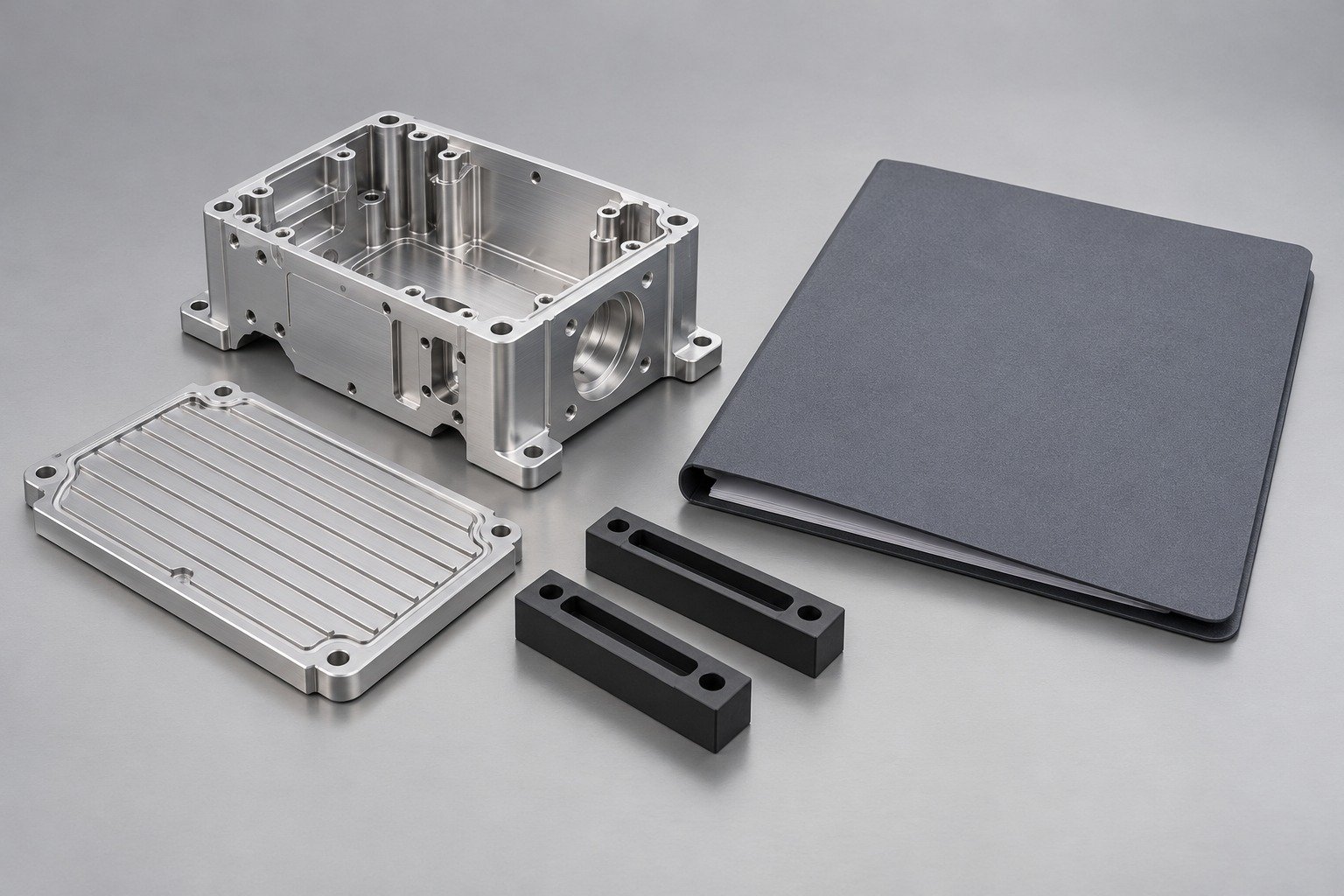 Distinct manufactured component concepts illustrating Manufacturing Learning Paths; illustrative component concept,not measured/company/customer part