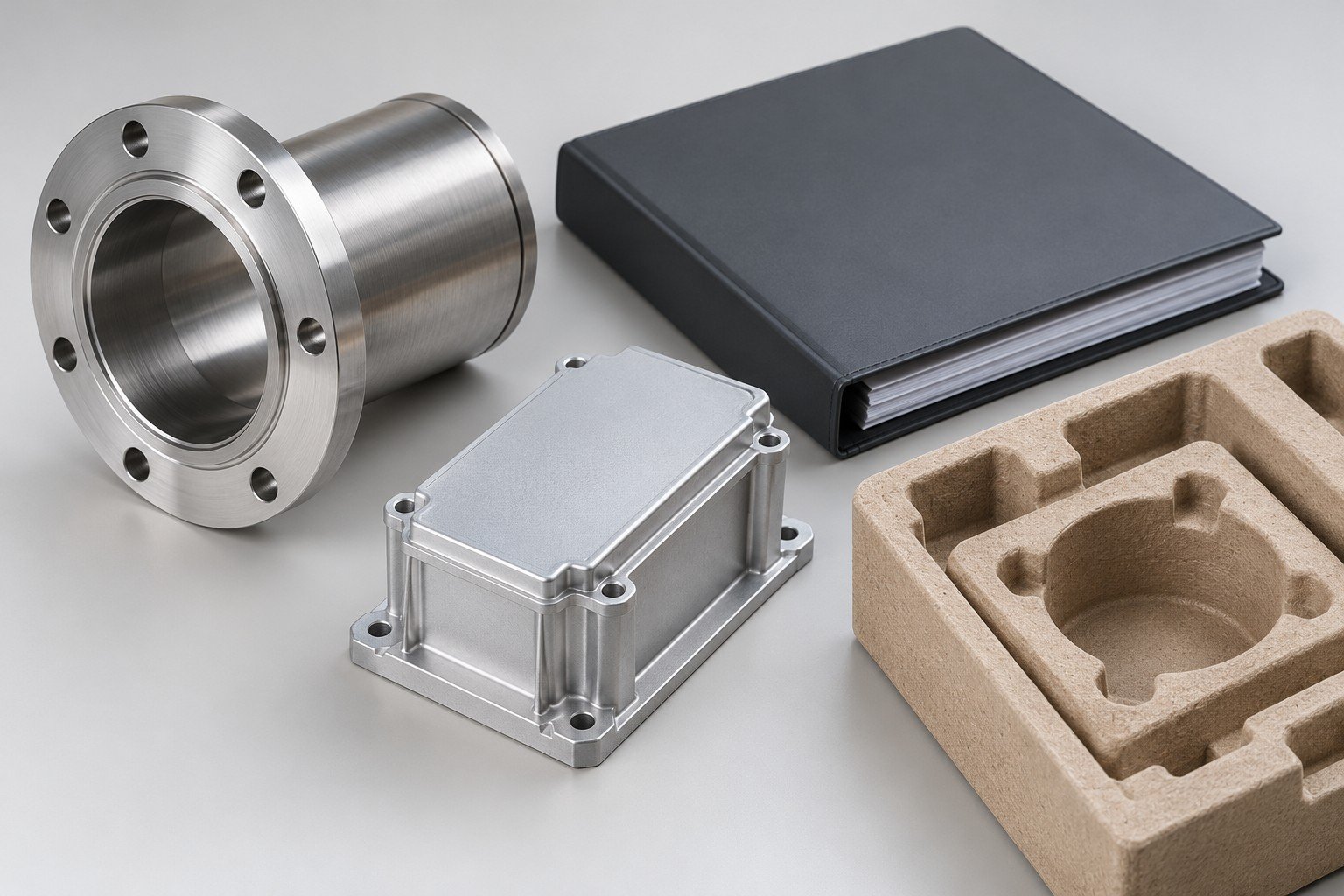 Stainless sleeve and closed aluminum housing beside a plain binder and protective tray; illustrative component concept, not measured/company/customer part