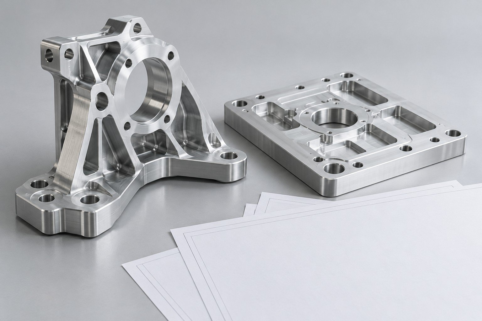 Complex aluminum bracket and mating plate beside unmarked drawing sheets; illustrative component concept, not measured/company/customer part