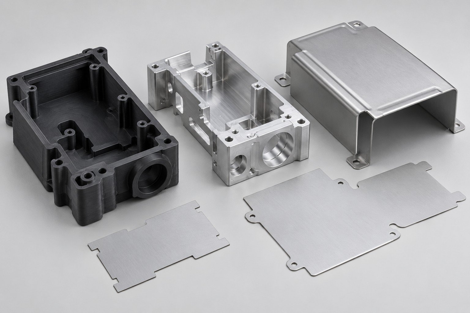 Separate polymer prototype, machined carrier and formed cover concepts; illustrative component concept, not measured/company/customer part