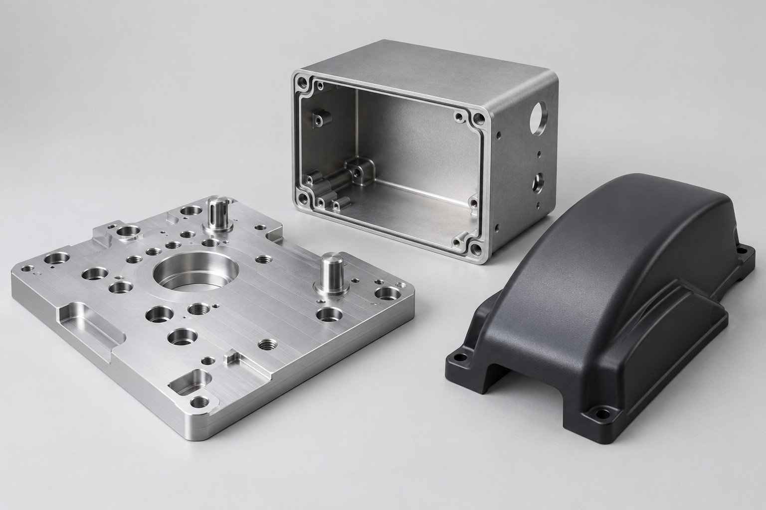 Separate locating plate, metal enclosure and polymer equipment cover concepts; illustrative component concept, not measured/company/customer part