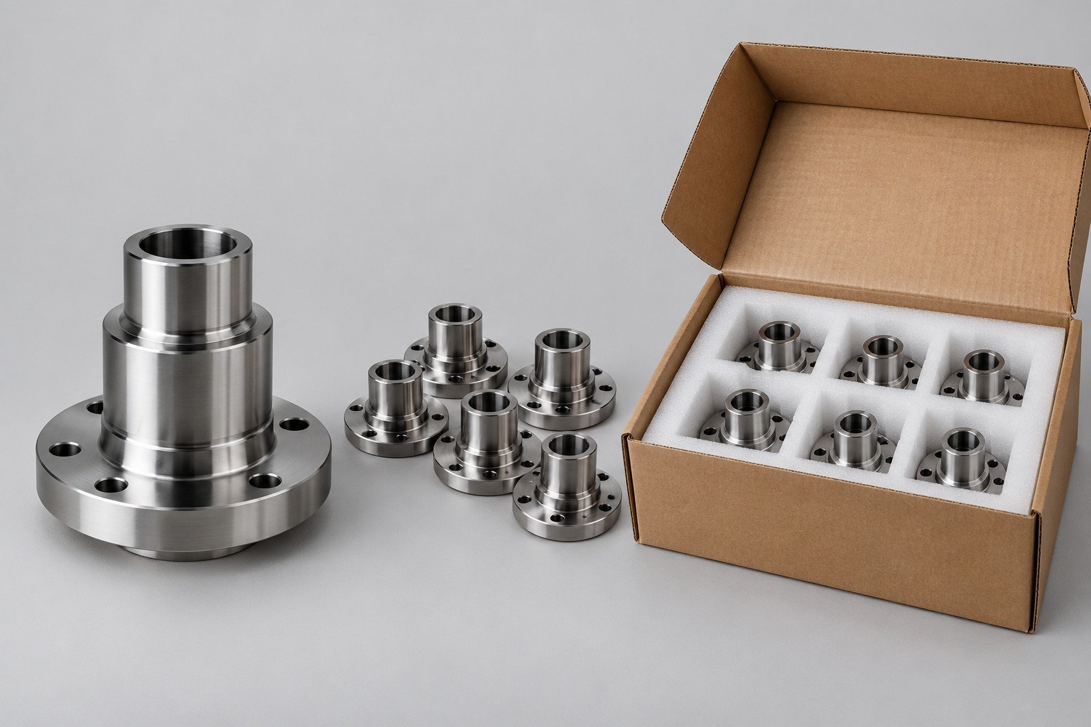 Separate sample sleeve, small grouped batch and fitted shipping packaging concepts; illustrative component concept, not measured/company/customer part