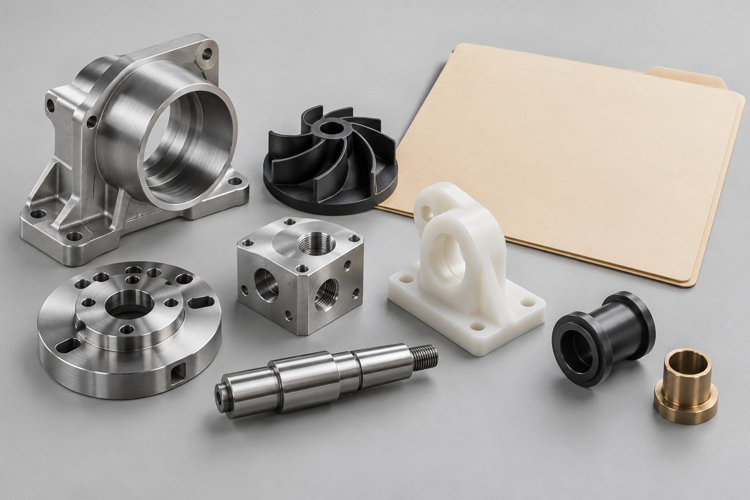 Metal and polymer component concepts beside a plain project folder; illustrative component concept, not measured/company/customer part