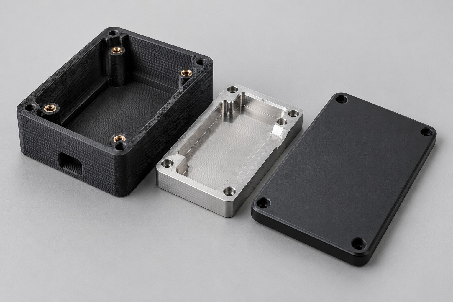 Layer-textured polymer enclosure, separate metal insert and differently configured smooth cover; illustrative component concept, not measured/company/customer part