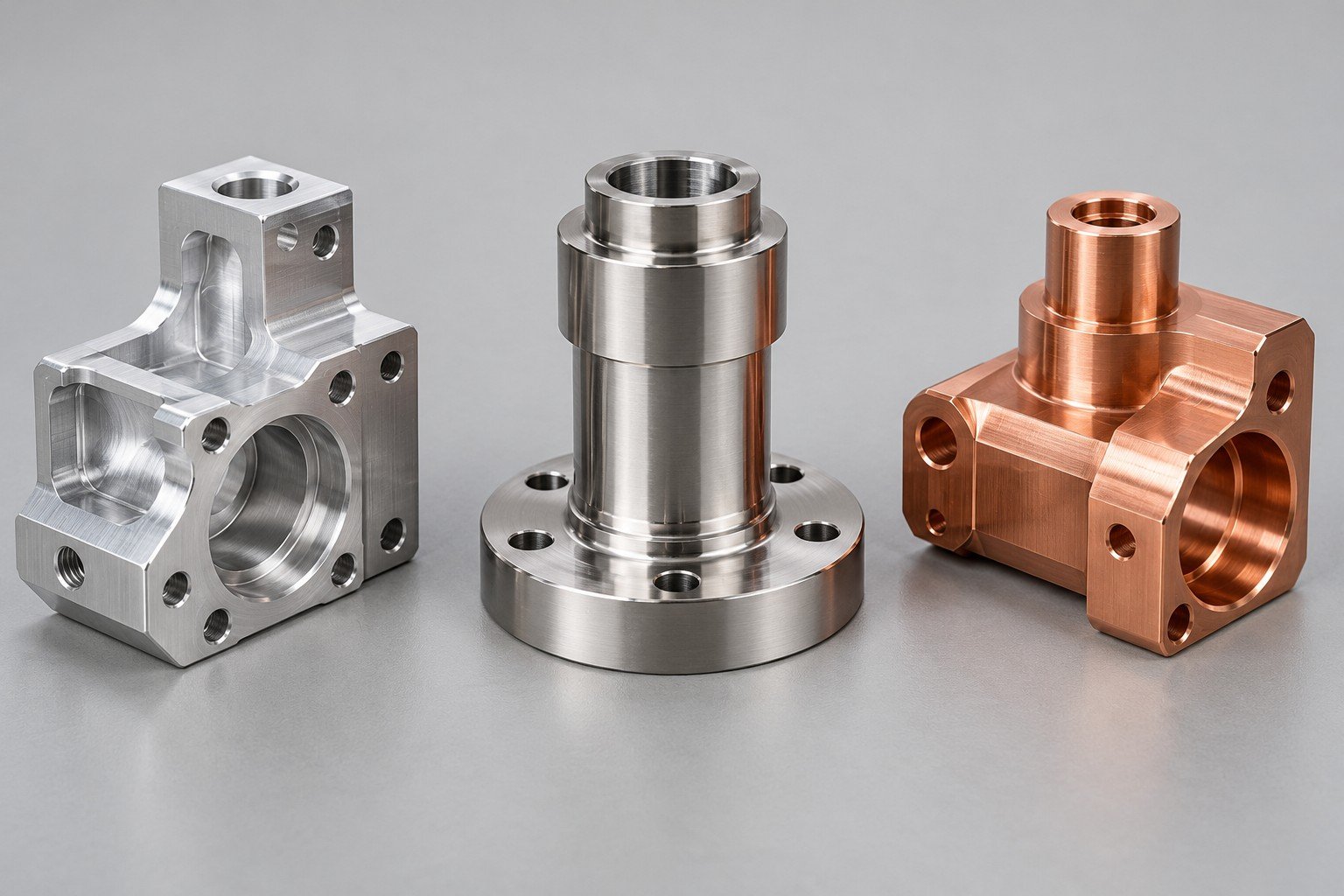 Separate aluminum, stainless and copper machined components with no assigned dimensions; illustrative component concept, not measured/company/customer part