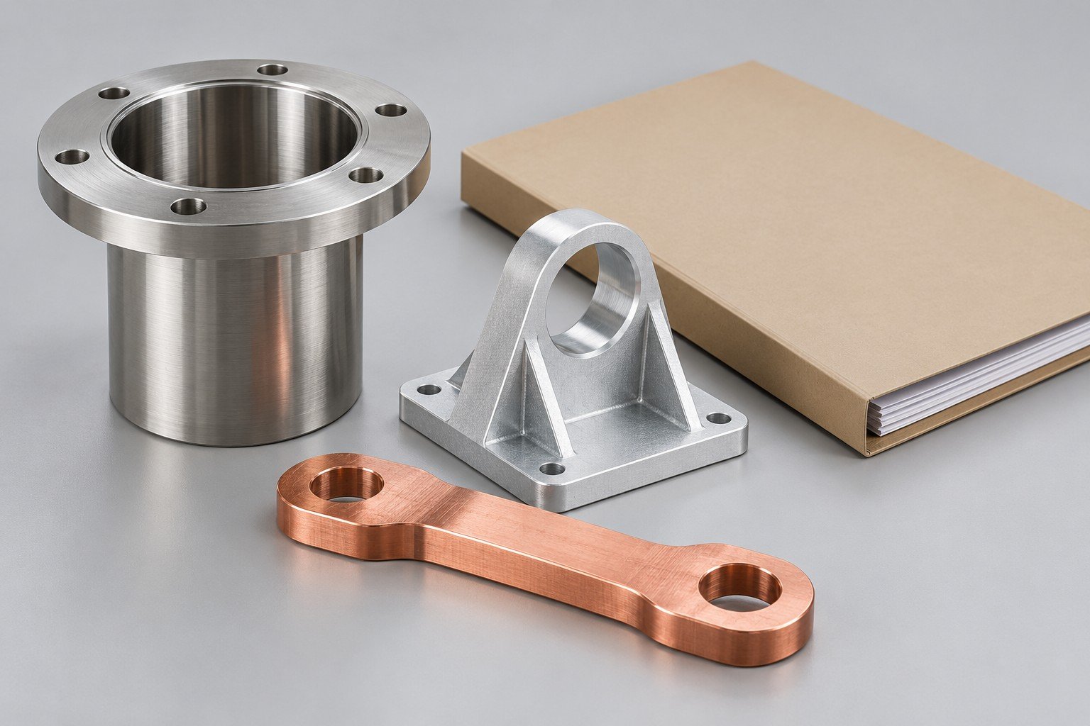 Stainless sleeve, aluminum bracket and copper link beside plain material records folder; illustrative component concept, not measured/company/customer part