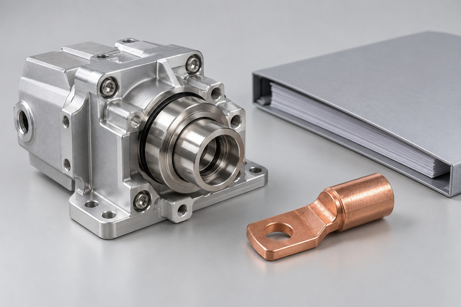 Metal assembly with separate copper terminal and blank project folder; illustrative component concept, not measured/company/customer part
