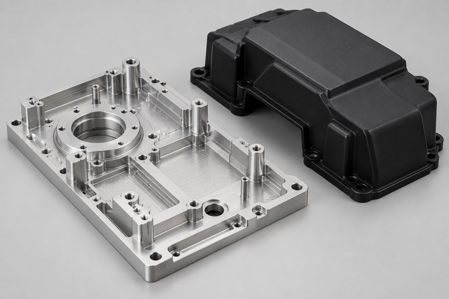Aluminum base plate and separate protective polymer housing; illustrative component concept, not measured/company/customer part