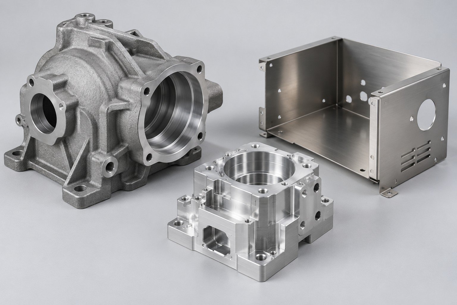 Separate casting-like housing, CNC machined carrier and formed sheet metal enclosure; illustrative component concept, not measured/company/customer part