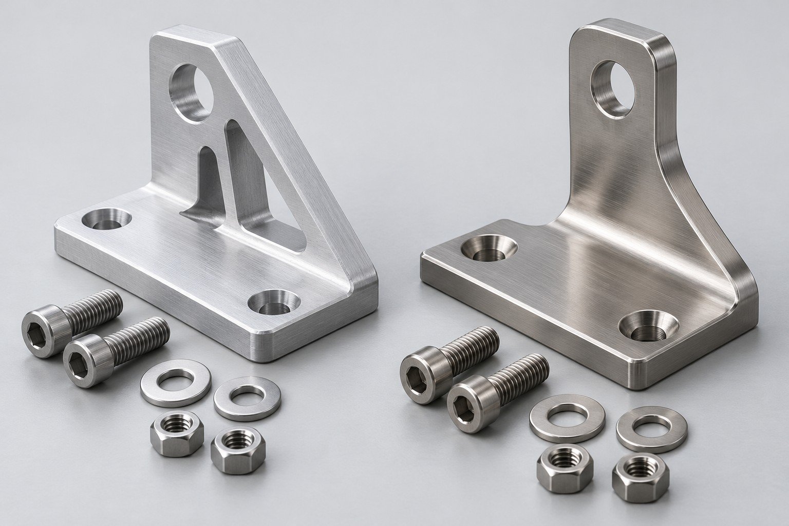 Different aluminum and stainless mounting brackets with separate hardware; illustrative component concept, not measured/company/customer part