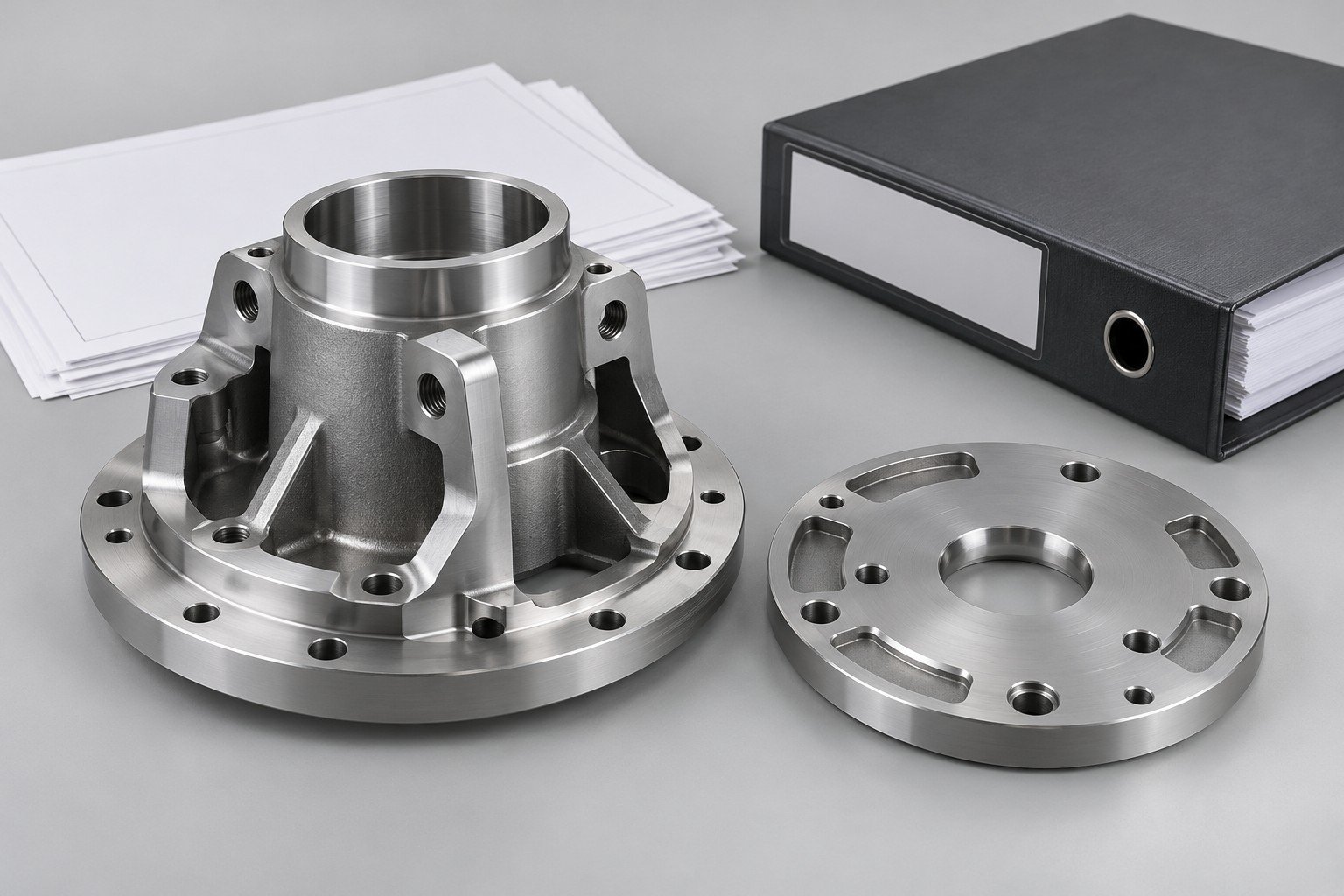Machined carrier and separate mating plate beside plain controlled technical folder; illustrative component concept, not measured/company/customer part